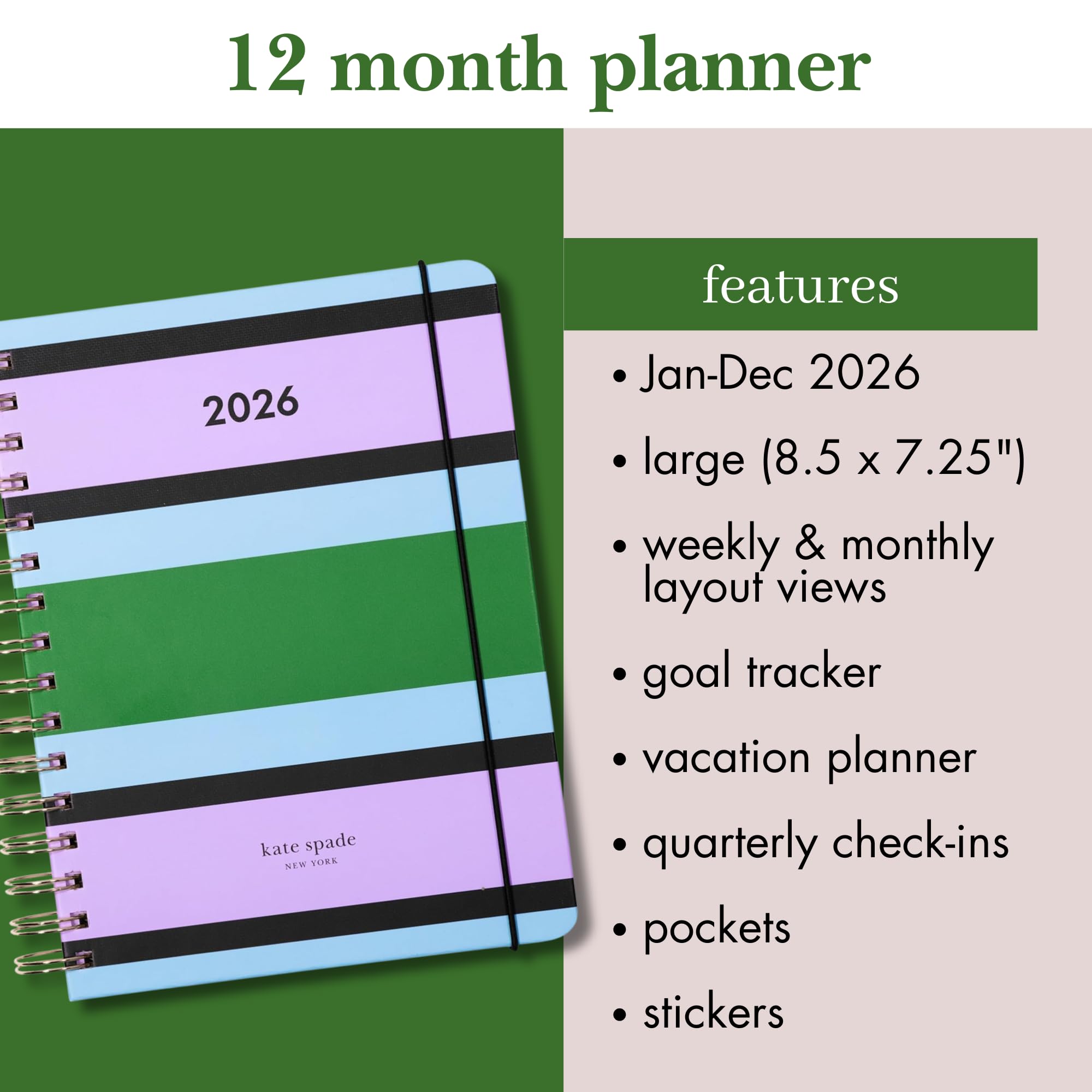 kate spade new york Agenda giornaliera 2026, grande, da gennaio a dicembre 2026, copertina rigida, settimanale e mensile, a spirale, con adesivi (strisce del centro)