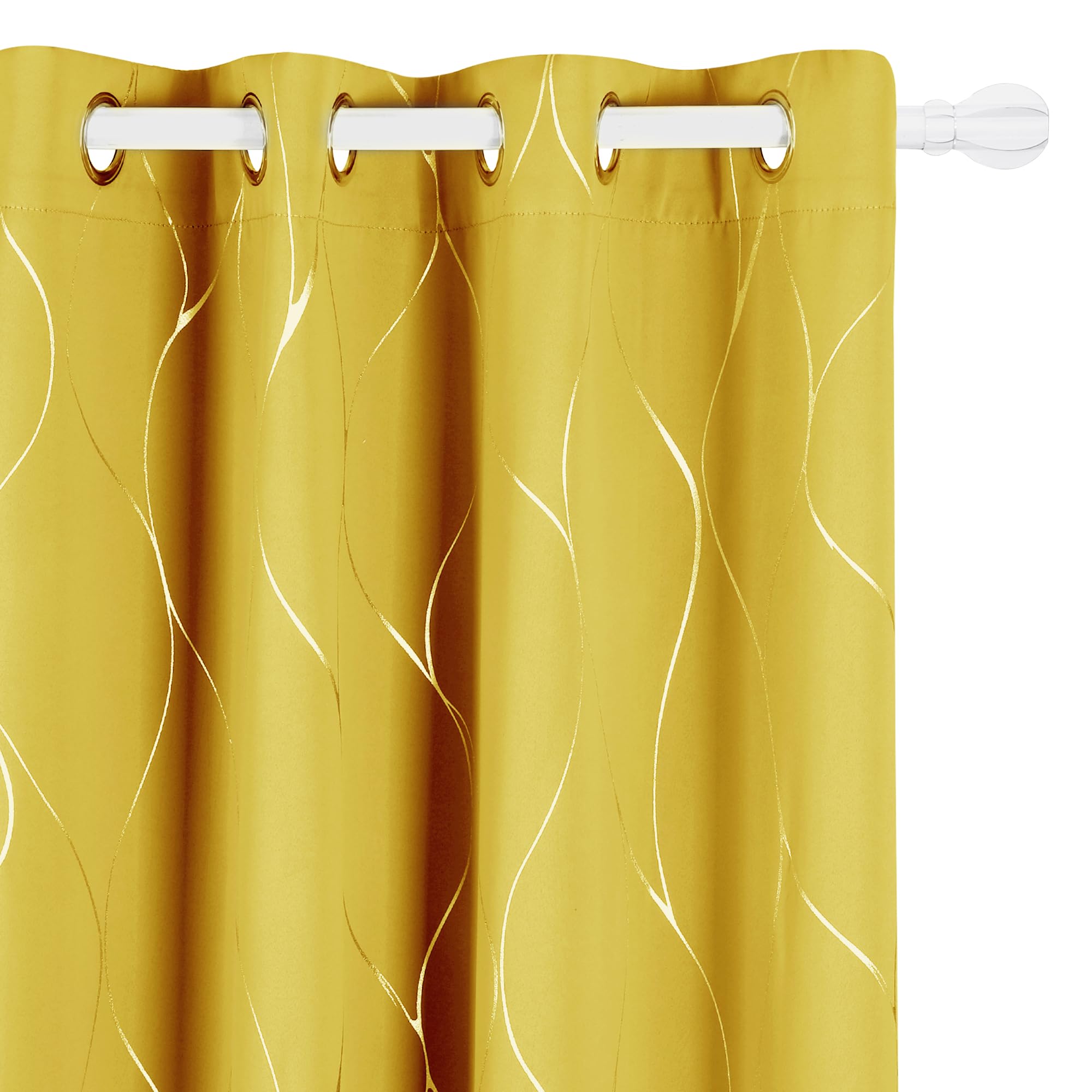 Deconovo Boys Mellow Yellow Eyelet Room Darkening Curtains, Silver Wave Line Foil Printed Thermal Insulated Curtains For Bedroom, 52 X 54 Inch, 2 Panels