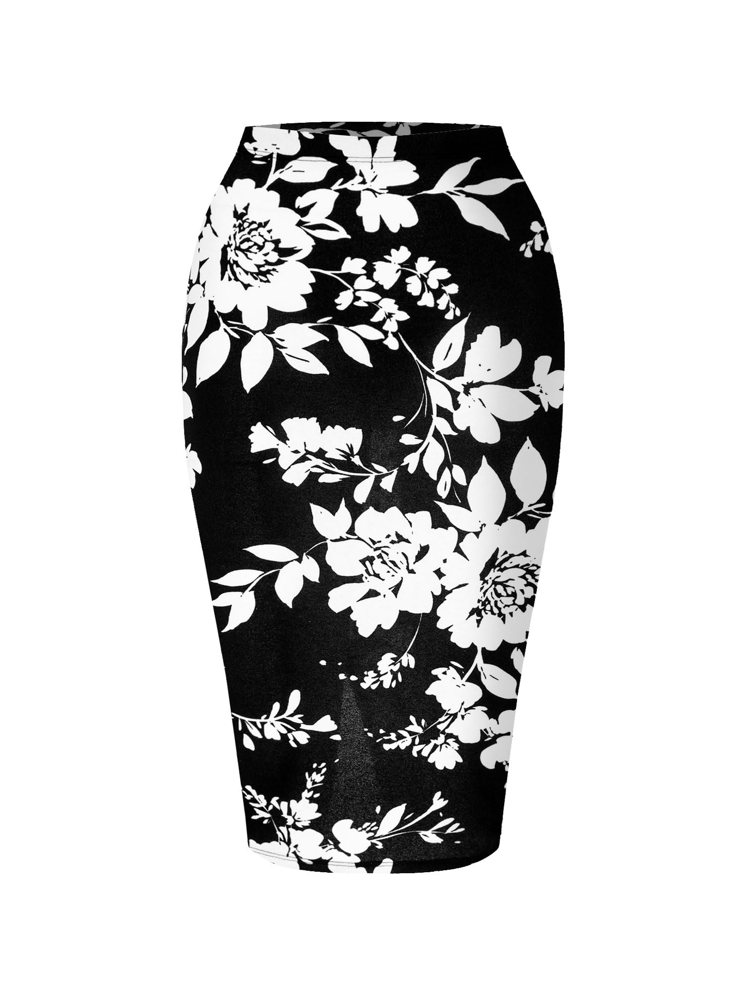 SSOULM Womens Work Office Stretchy Fitted Midi Pencil Skirt with FLOWERBLACK Slit and Plus SizeFLOWERBLACK XL