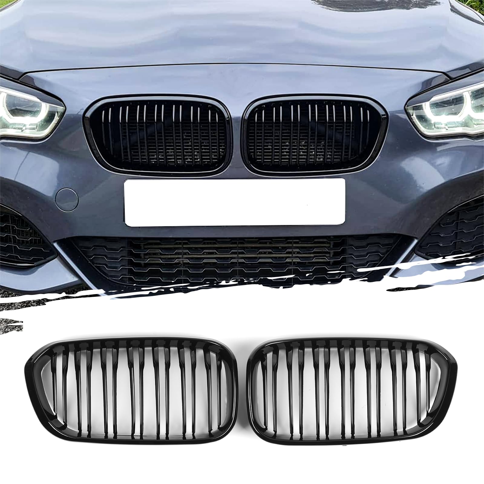 AggAuto Griglia anteriore nera lucida, a 7 doppie barre per BMW Serie 1, F20/F21, 2015-2018