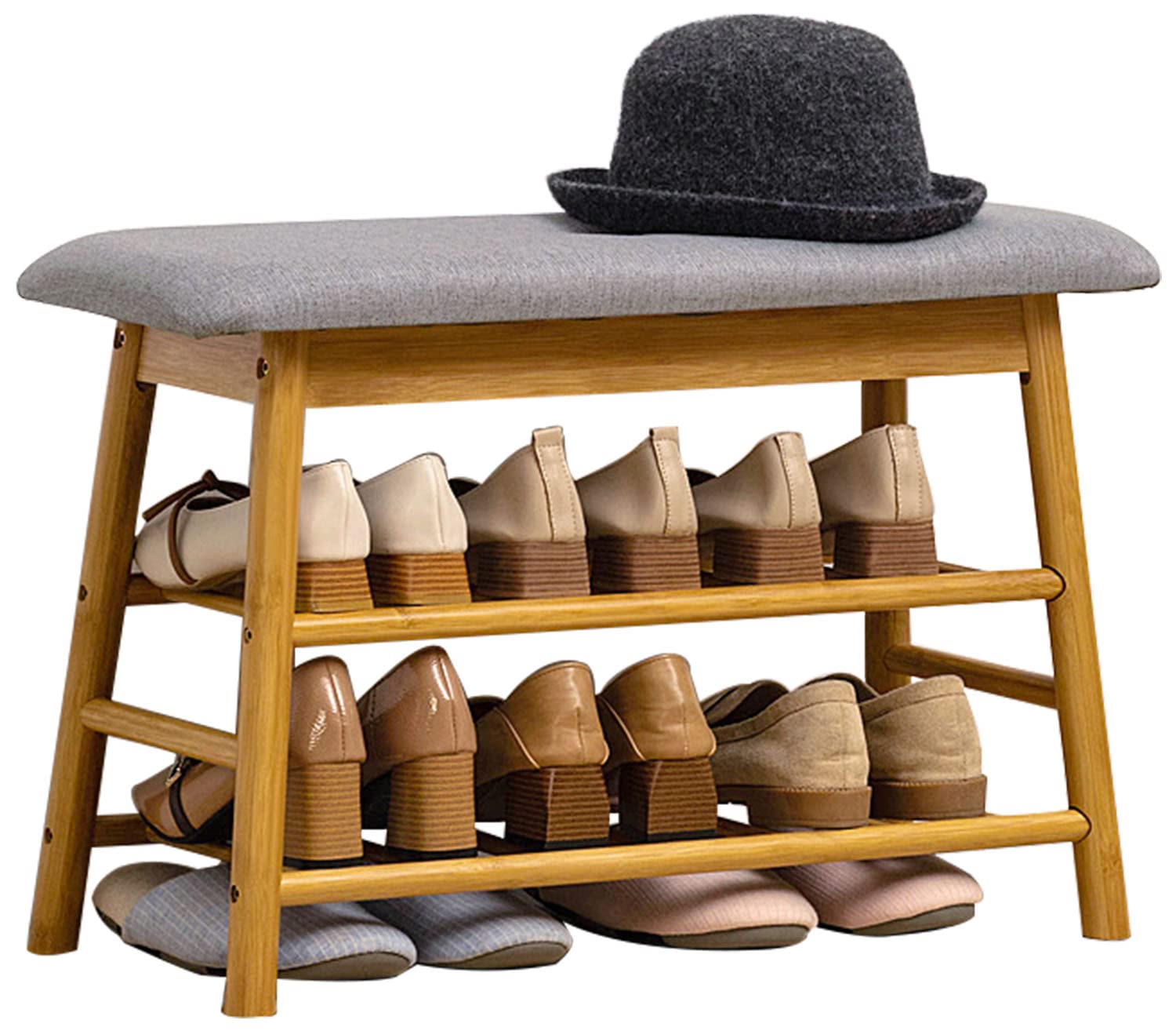 Banc à Chaussures en Bambou à 3 Niveaux avec Coussin pour Entrée et Salon