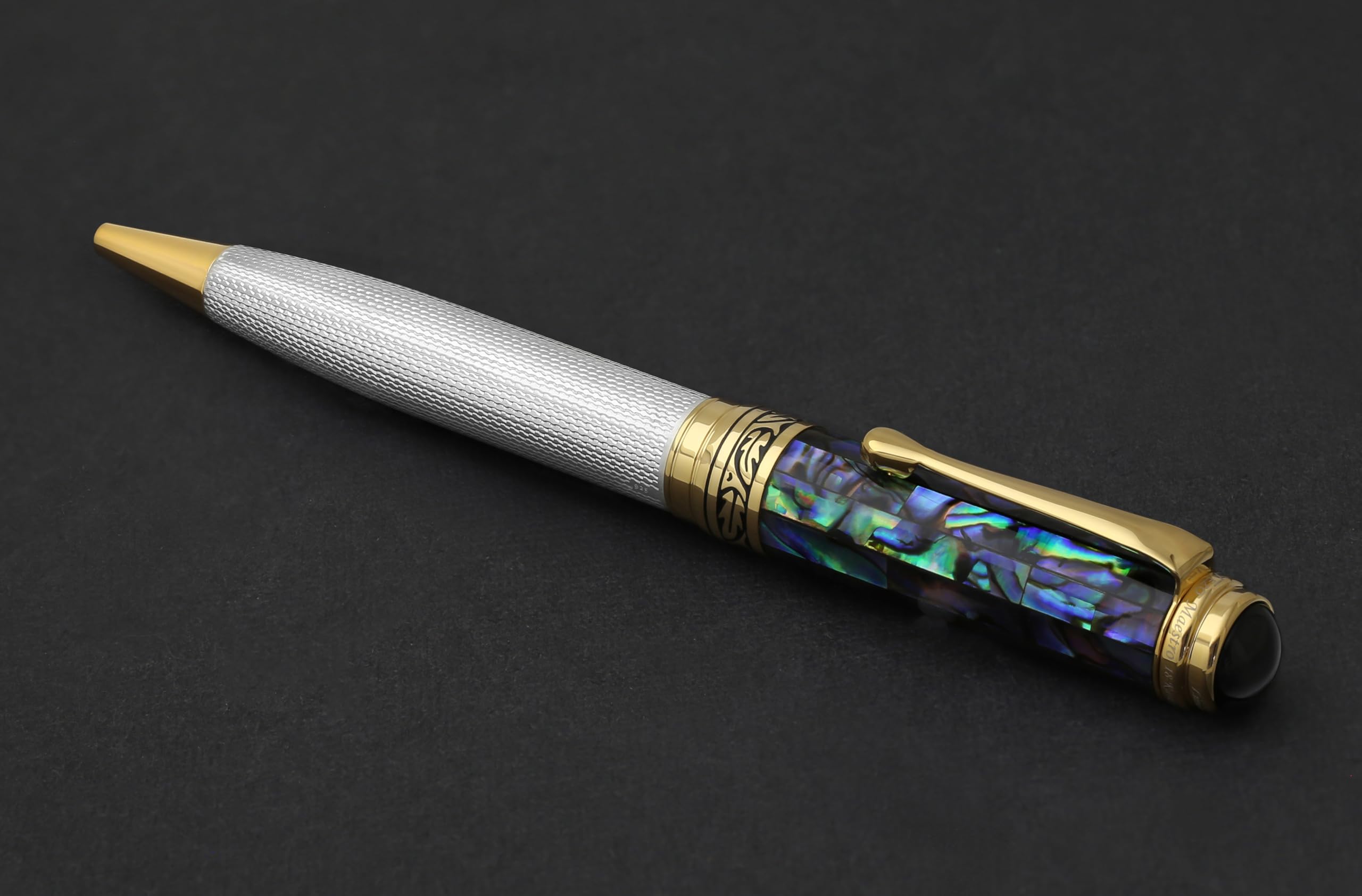 Xezo Maestro Ballpoint Pen, Solid 925 Sterling Silver and Blue Pāua Sea Shell with 18 Karat Gold Plating. Handmade, No Two Alike, Serialized