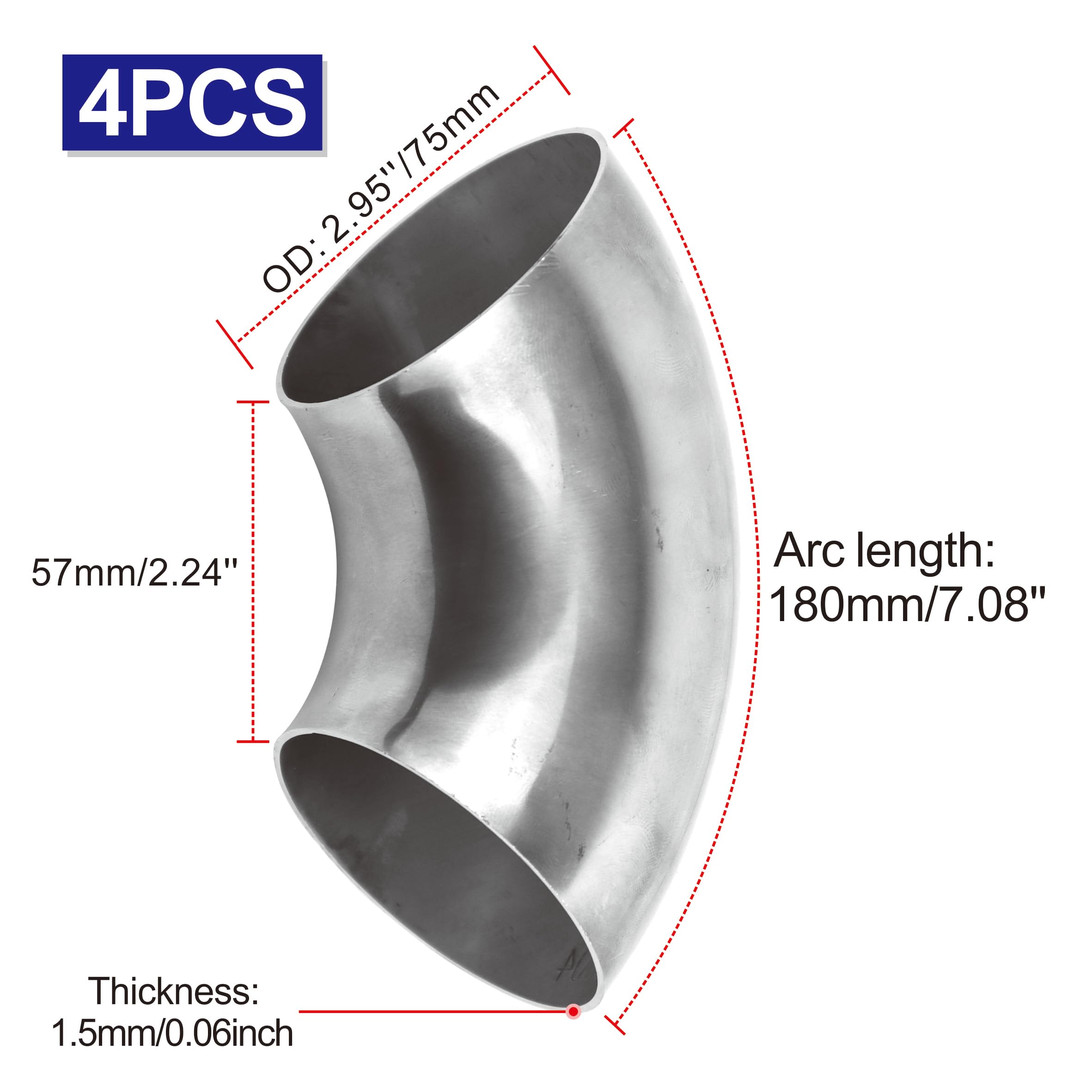 4PCS 2.5" 90° Stainless Steel Elbow, Mandrel Bend Elbow - Image 2