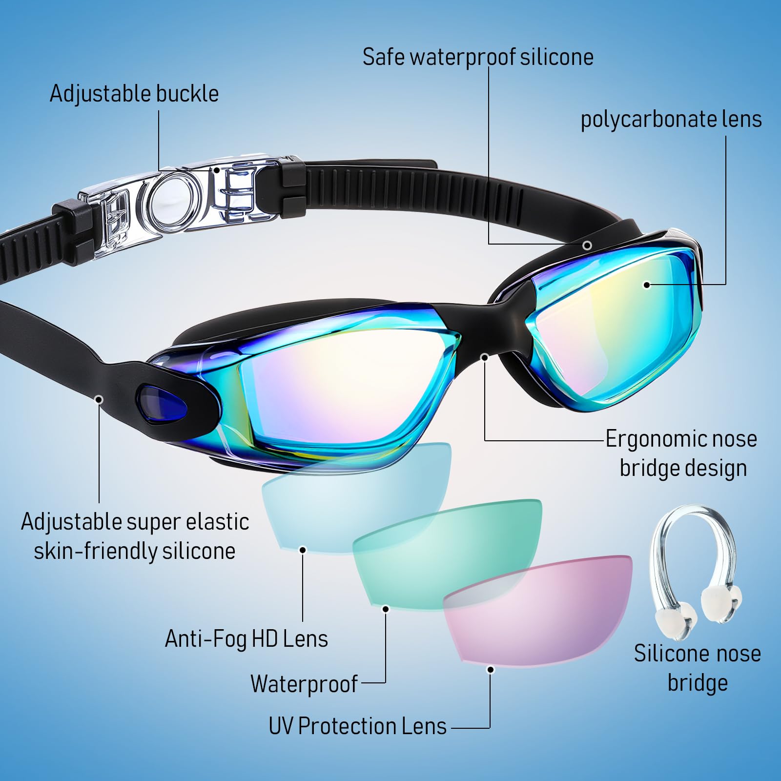 Konohan Occhiali da nuoto in silicone per bambini e adulti, occhiali da piscina in silicone anti-appannamento, senza perdite, per uomini, donne e giovani, confezione da 10