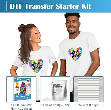 A ANGG DTF Transfer Film and Powder Kit for DTF & Sublimation Printer, 30 Sheets A4 One-side Glossy DTF Film, 8.8oz DTF Powder, with Sensor Recognition Stickers, Direct-to-Film Transfer for Any Fabric