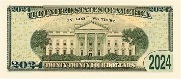 Donald Trump 2024 Re-Election Limited Edition Novelty Dollar Bill - Pack of 25 - Full Color Front & Back Printing with Great Detail. Make American Great Again.