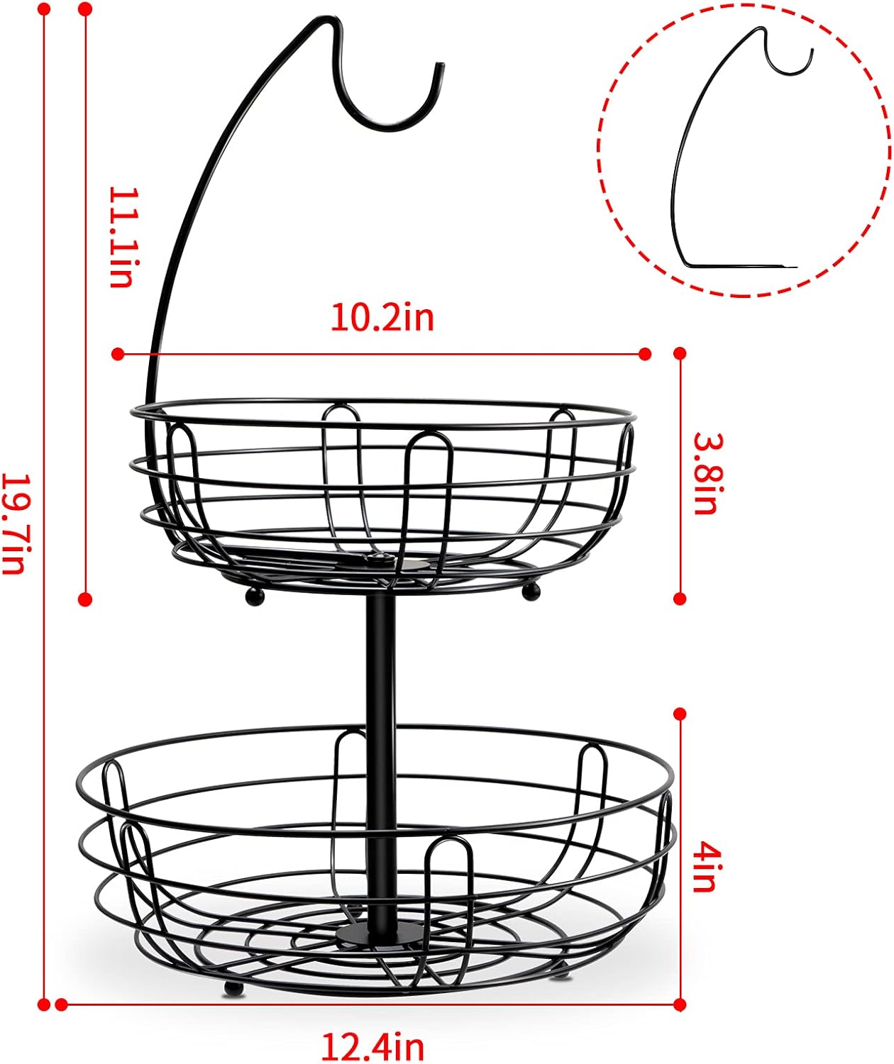 Bextsrack 2 Tier Fruit Basket Bowl with Banana Hanger for Kitchen Countertop, Detachable Fruit Vegetable Storage Holder Display for Kitchen - Black : Home & Kitchen