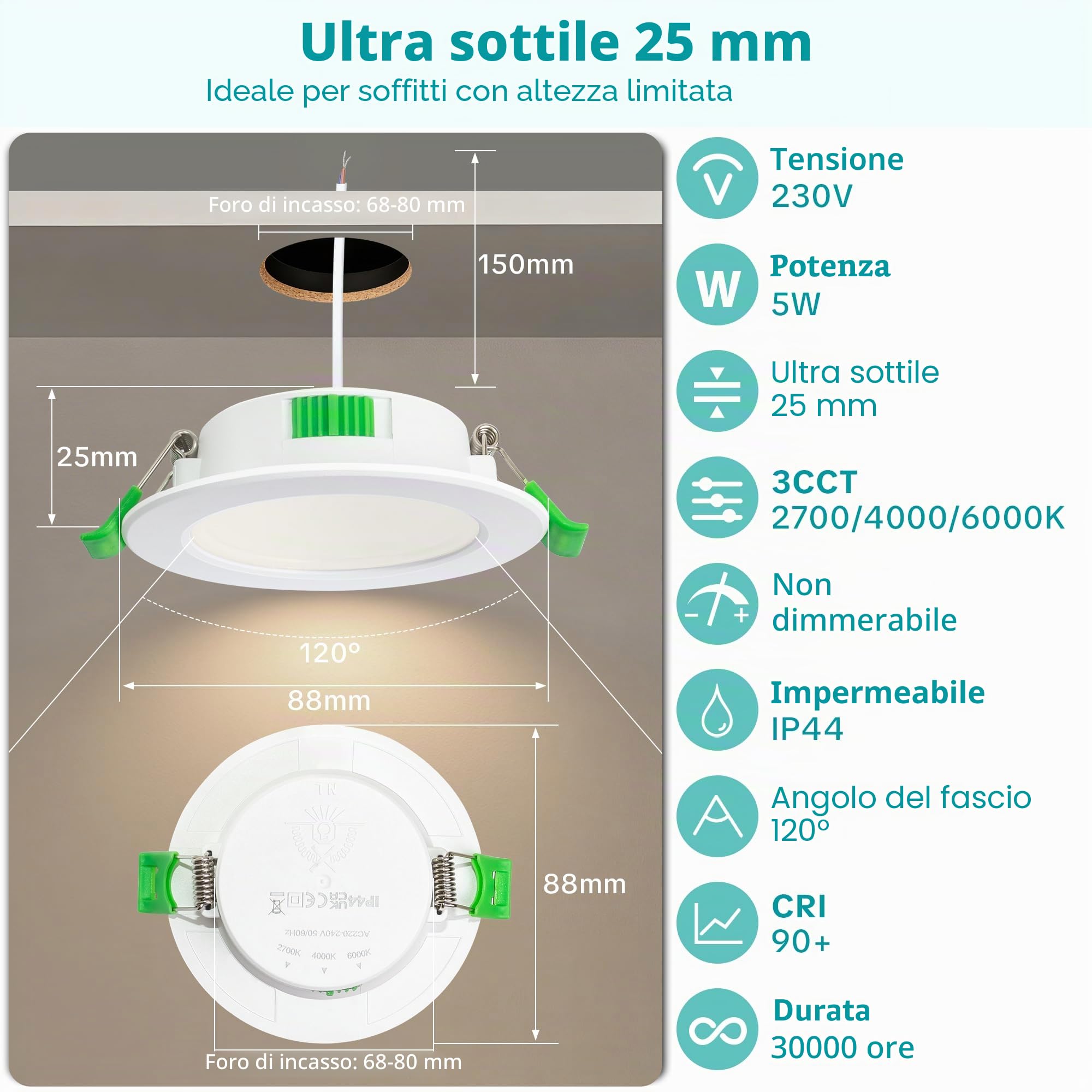 Faretti LED da Incasso per Cartongesso 230V, 5W 650LM Faretto Incasso Regolabile 2700K/4000K/6000K, IP44 Faretti LED Soffitto Ultrasottili per Bagno, Foro 68-80mm, Set di 3 Bianco