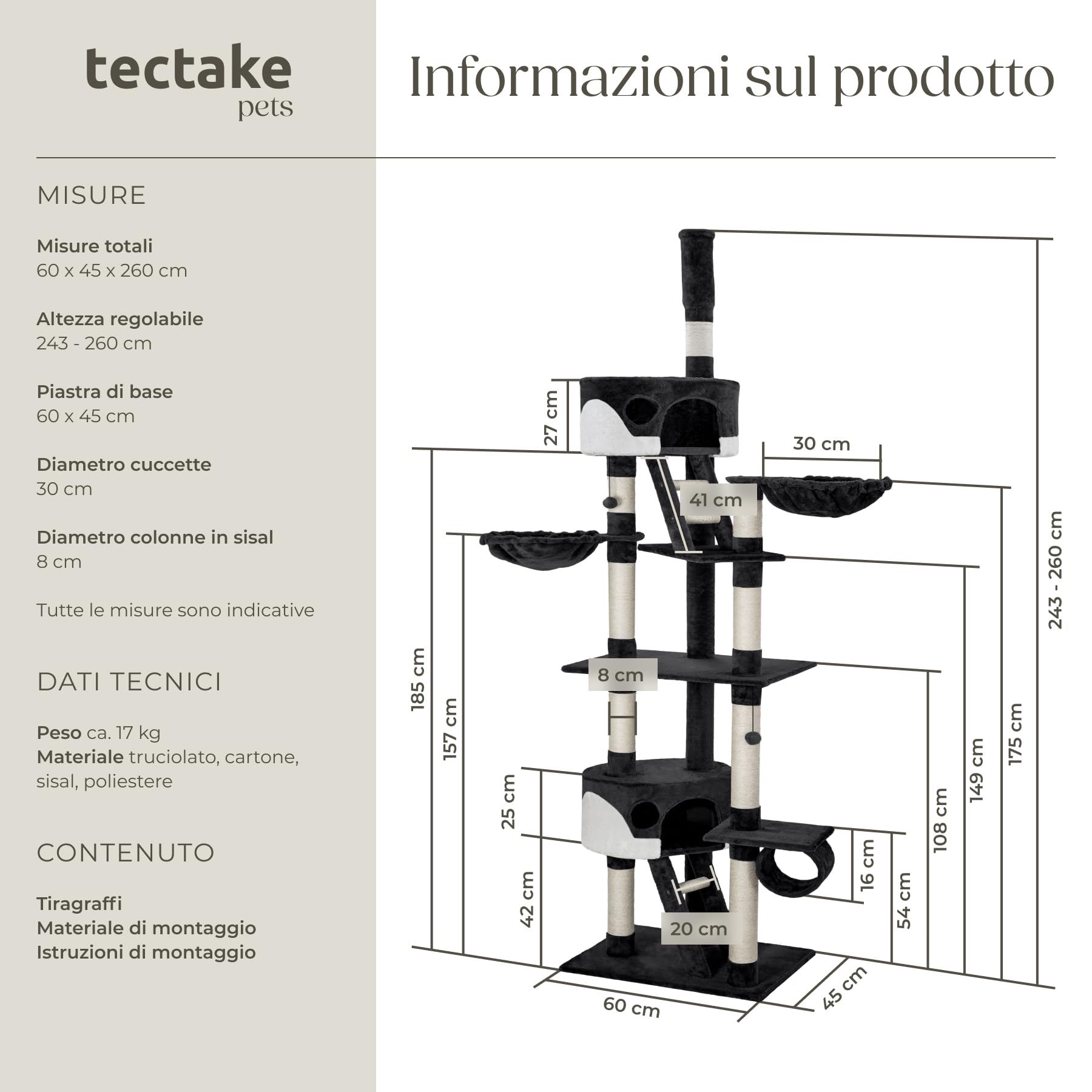 tectake® Albero Tiragraffi per Gatti, con 2 Casette, 3 Piattaforme, Altezza Regolabile 243-260 cm, Barre in Sisal 8 cm di Diametro, Ideale per Gioco e Riposo - Nero/Bianco
