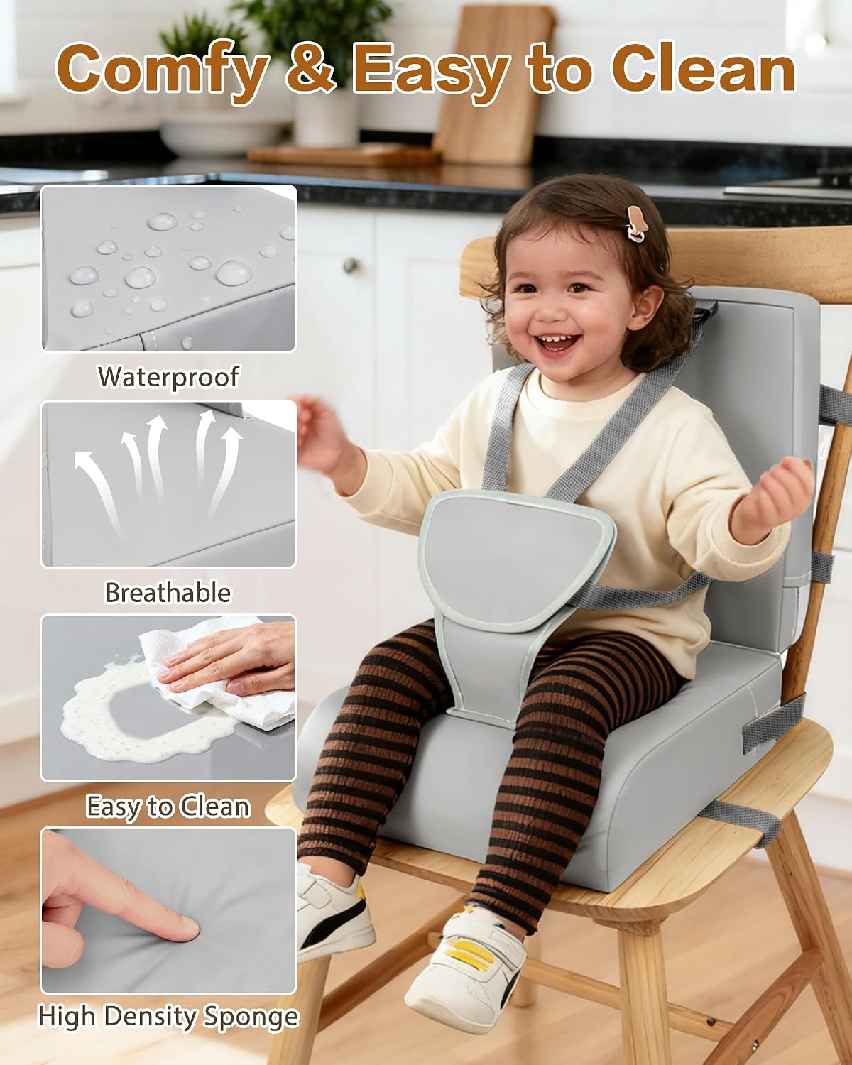 Toddler Booster Seat for Dining Table, 5-Point Safety Harness and Backrest, Waterproof Wipeable Booster Seat for Kitchen Chair, Non-Slip Portable Travel Baby Increasing Cushion - Light Gray