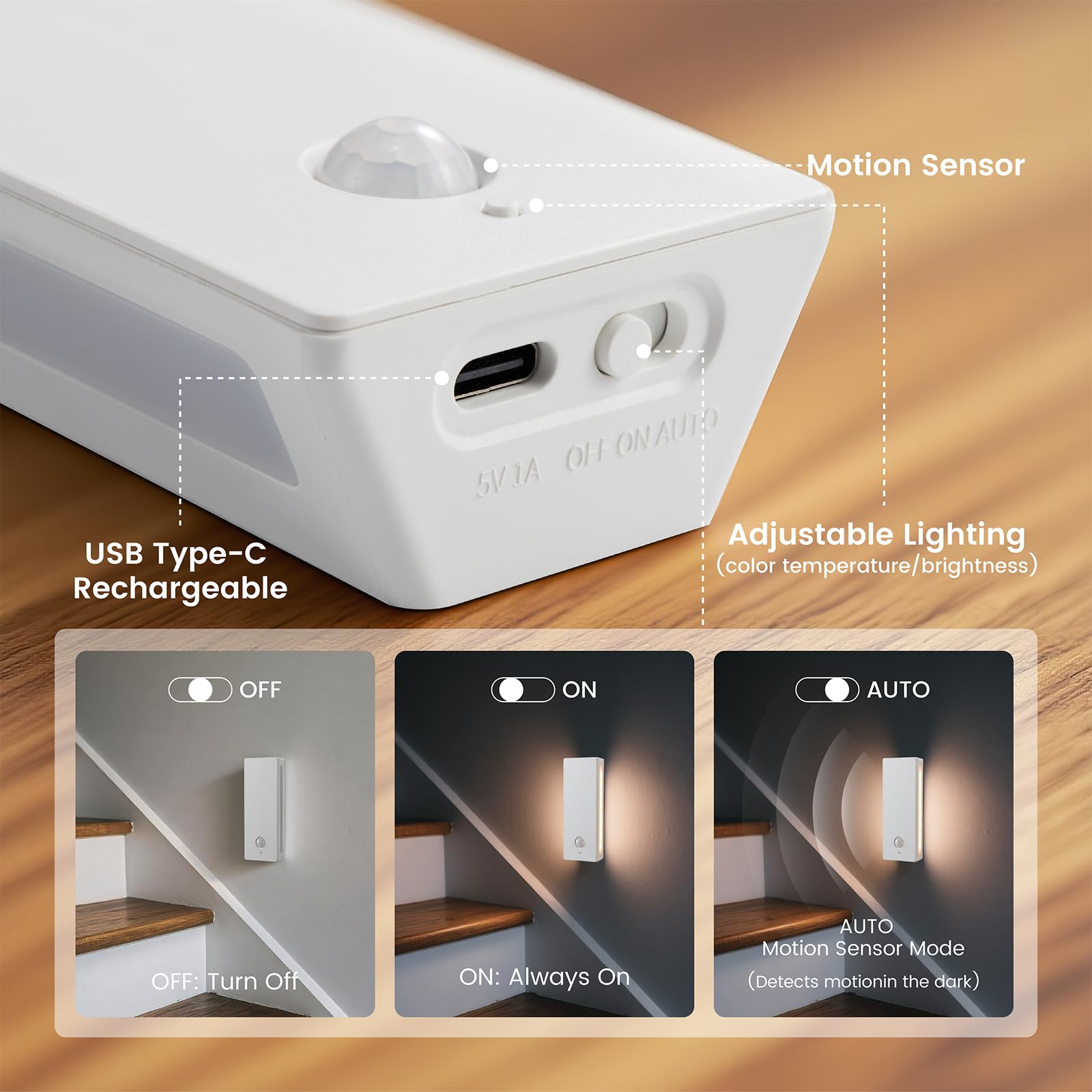 Luce notturna con sensore di movimento retroilluminata a LED, luce notturna ricaricabile, mini luci notturne adesive, luce morbida su due lati, magnetica, regolabile in 3 colori, per camera da letto