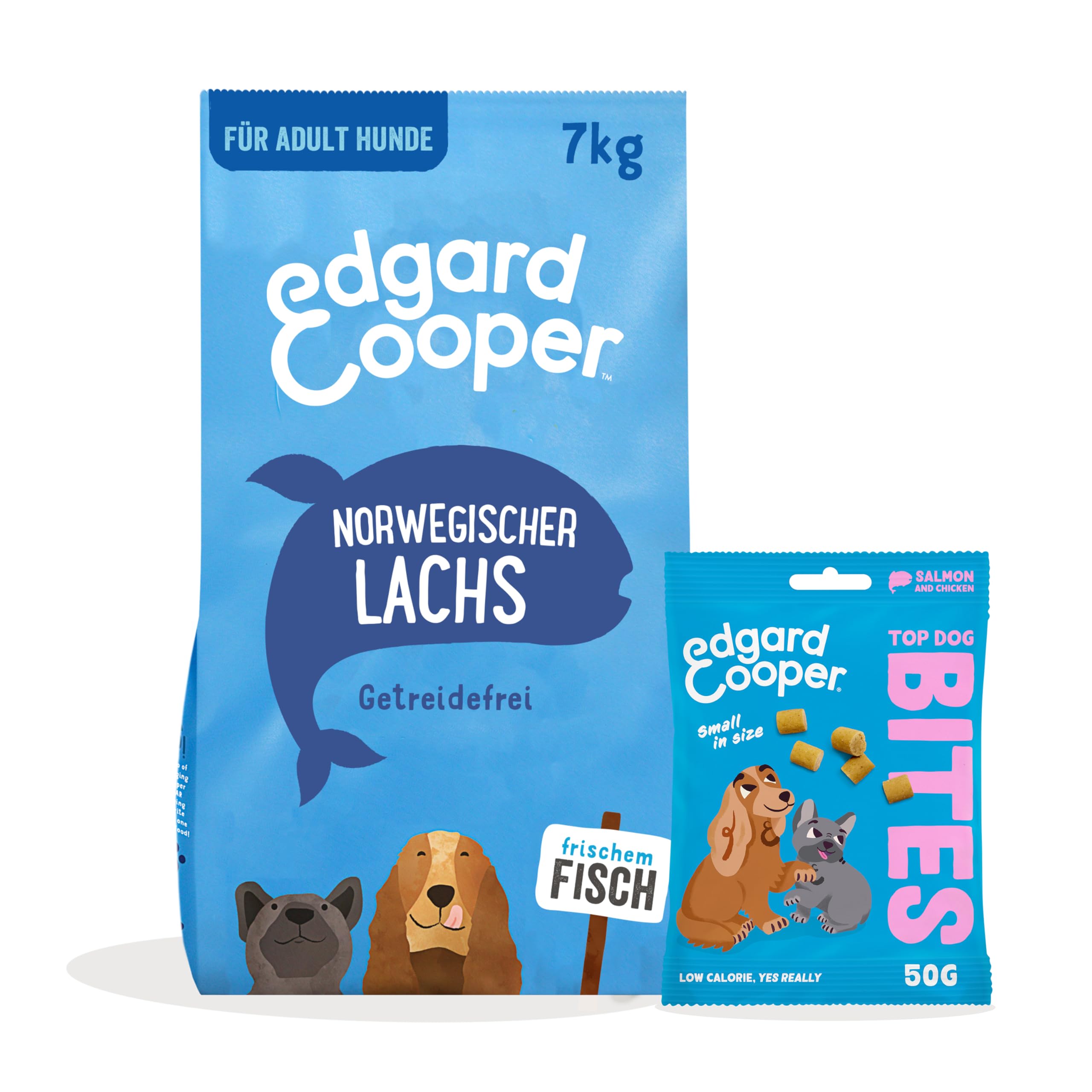 Edgard & Cooper Cibo Secco per Cani Adulto Salmone Grain Free 7kg + Bocconcini per Cani al Salmone 1x50g - Pacco Crocchette & Snack