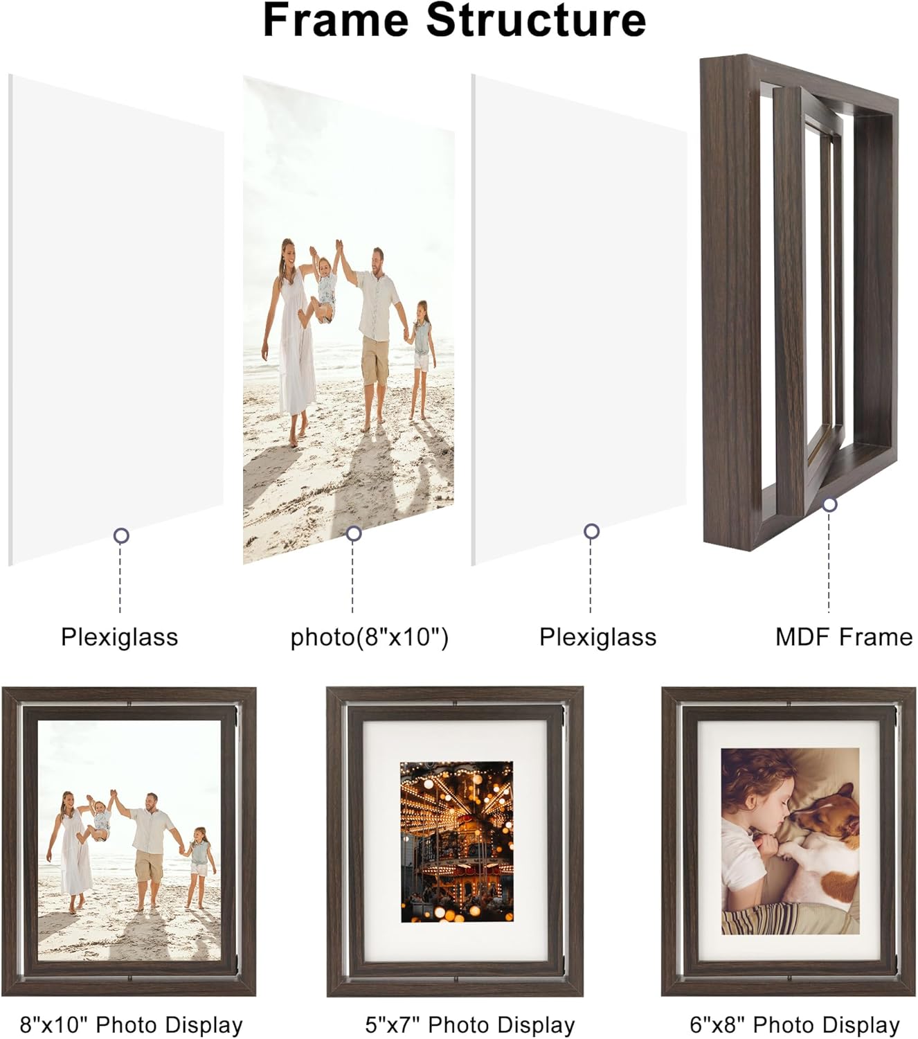 FramePro 2-Pack Rotating Double Sided Picture Frame - 8x10 Floating Double Plexiglass Desk Frames Vertical/Horizontal Display, Brown Wood with 5x7/6x8 Photo Mats