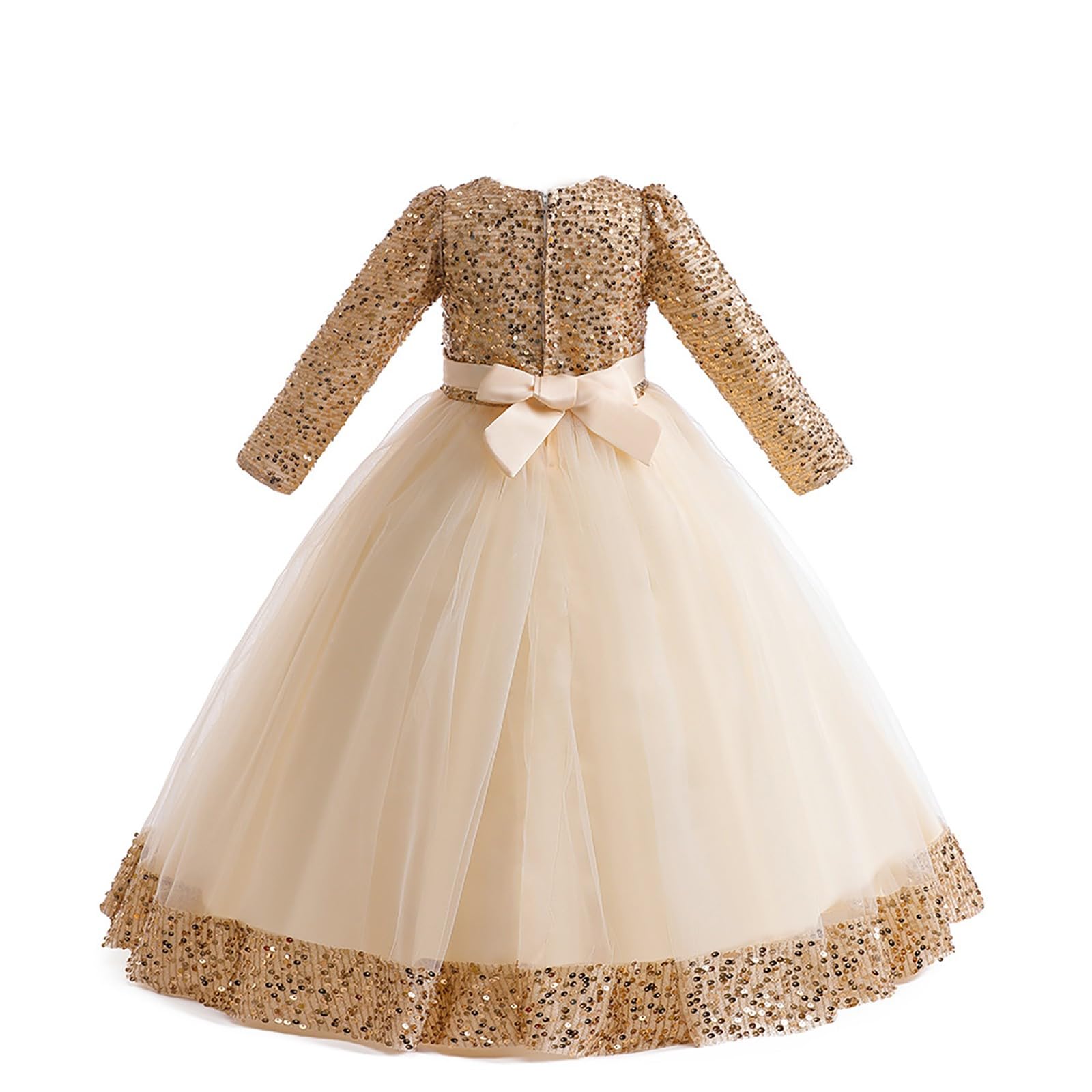 Robe de princesse à manches longues en tulle à paillettes pour filles - Pour concours de beauté, anniversaire, demoiselle d'honneur, mariage, bal de fin d'année