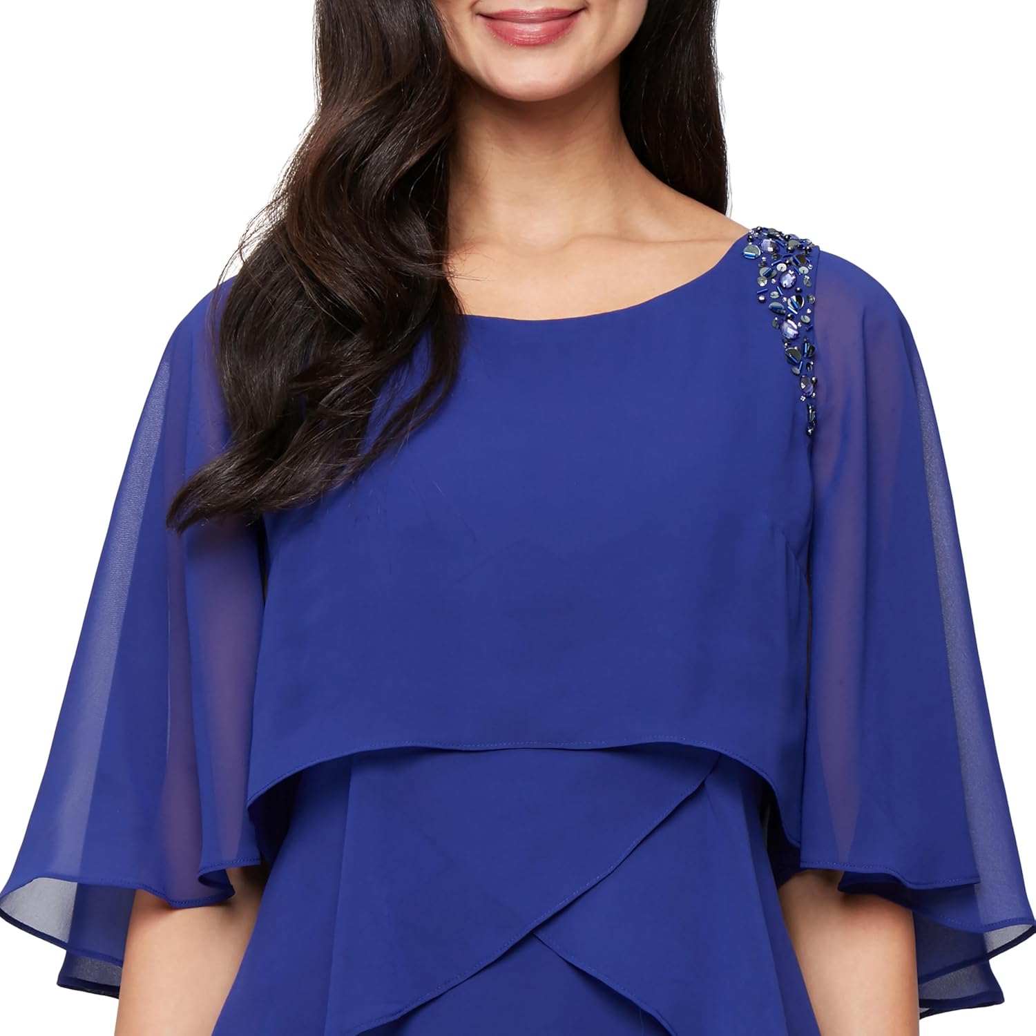 S.L. Fashions Womens Tiered Chiffon Cocktail Party Dress with Attached Cape & Beaded Shoulders (Petite and Regular Sizes) - Image 3