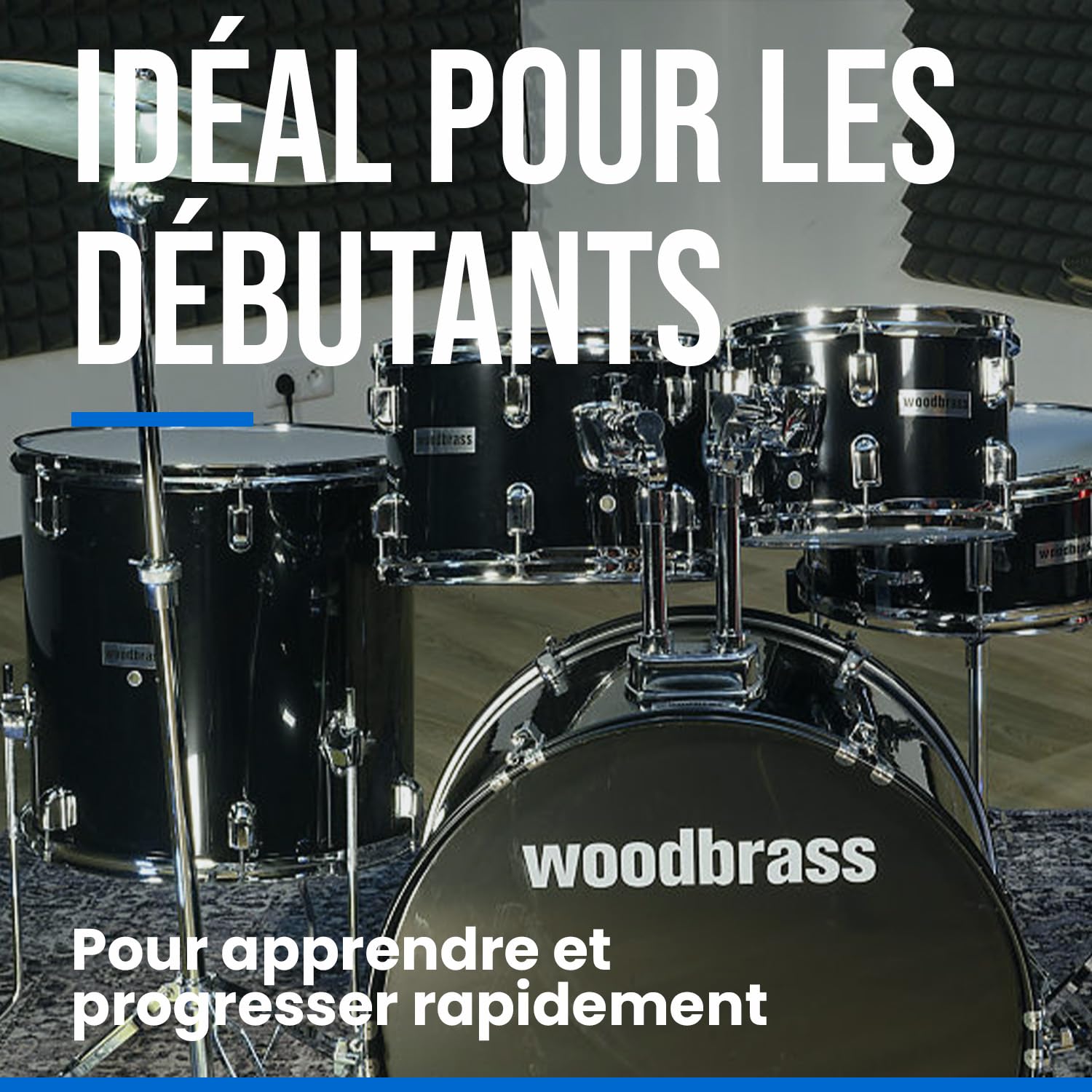 Woodbrass AD100 Batterie Noir Brillant - Idéale pour Débutants, Prête à l'emploi, Accessoires inclus - Kit batterie acoustique complet fûts en peuplier
