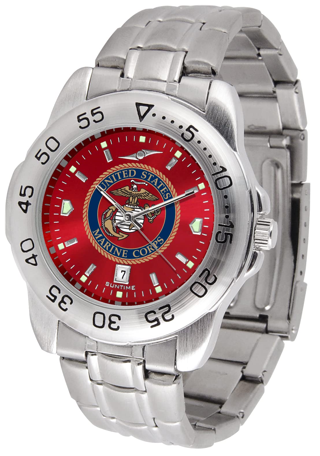 SunTime U.S. Marines Men's Sport Steel Watch - 43mm Case - 20mm Stainless Steel Band - Reflective Dial
