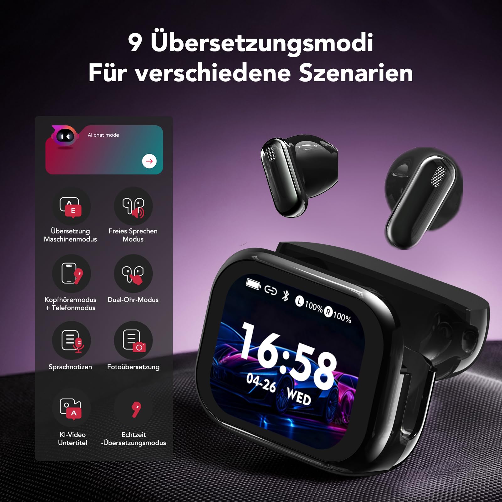 Übersetzer Kopfhörer 3-in-1 Echtzeit 150 Sprachen 9 Modi Bluetooth 6.0 LED Display 60H Laufzeit Schwarz