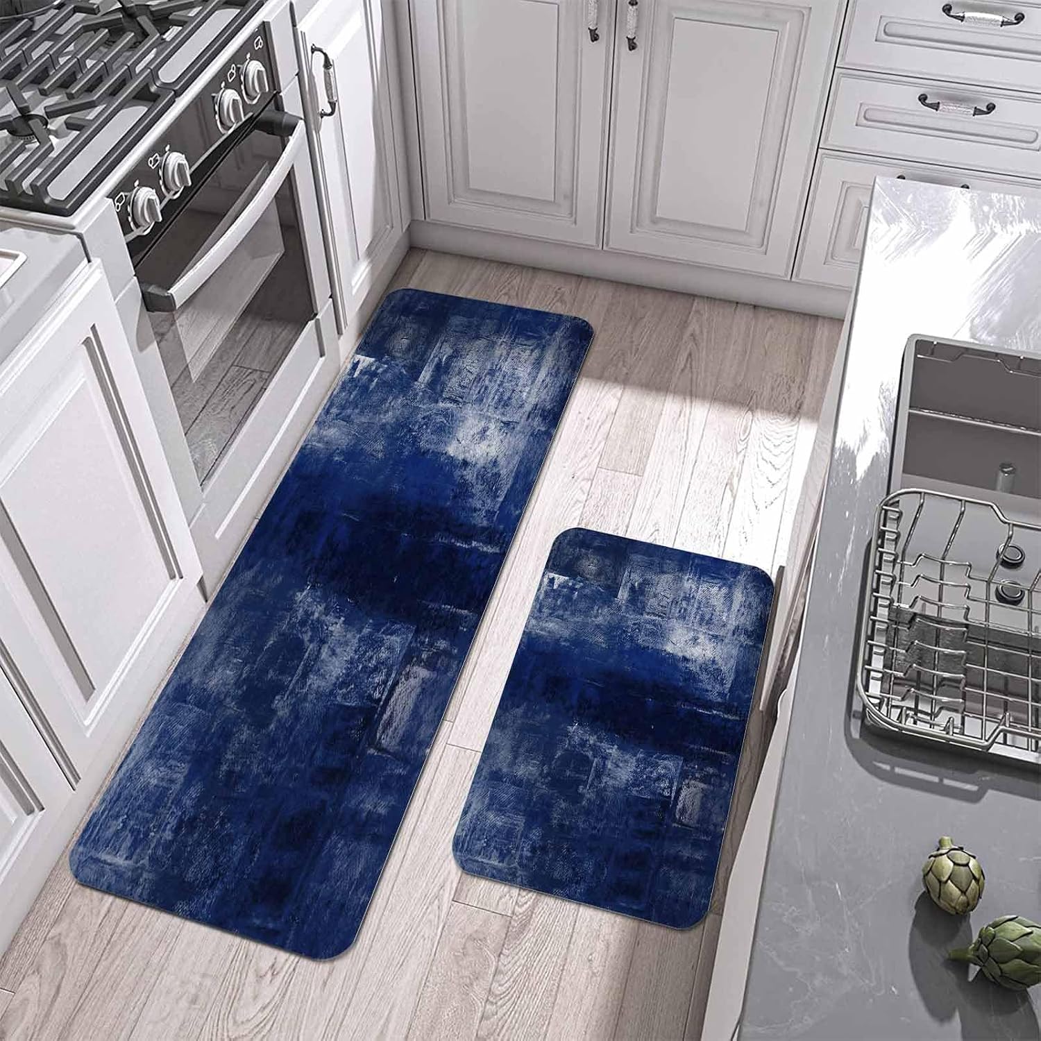 Prime Leader Navy Blue Kitchen Mat Set 2 Pieces Abstract Art Graffiti Paint Style Non Slip Kitchen Rugs Washable Runner Rug Mats for Sink Laundry (19.7" x 31.5"+19.7" x 47.2")
