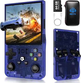 R36 Max Retro Game Console, Retro Handheld Console 4.0" Screen Linux System, 64G TF Card, 4000mAh Rechargeable Portable Pocket Arcade, Transparent Blue
