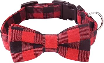 Malier Dog Collar with Bow tie, Classice Plaid Pattern Dog Collar with Bow tie and Durable Buckle Collar for Small Medium Large Dogs Puppy (Large, Red)