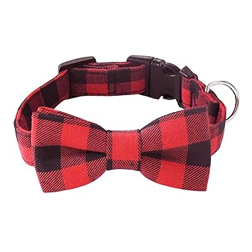 Malier Dog Cat Collar with Bow tie Christmas Plaid Dog Collar with Light Release Buckle for Small Medium Large Dogs Cats Pets (Large)