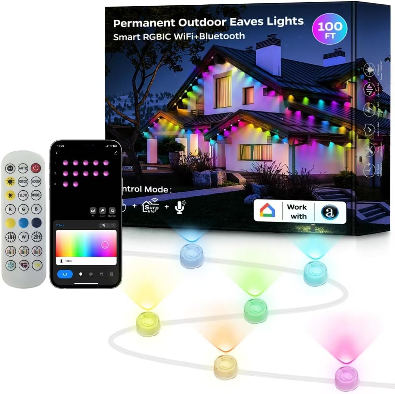 Permanent Outdoor Lights 100ft, 72 LED RGB Eaves Lights, IP67 Waterproof, Smart 54 Scene Modes Music Sync, Compatible with Alexa Google Assistant, Halloween Christmas Party Home Decor
