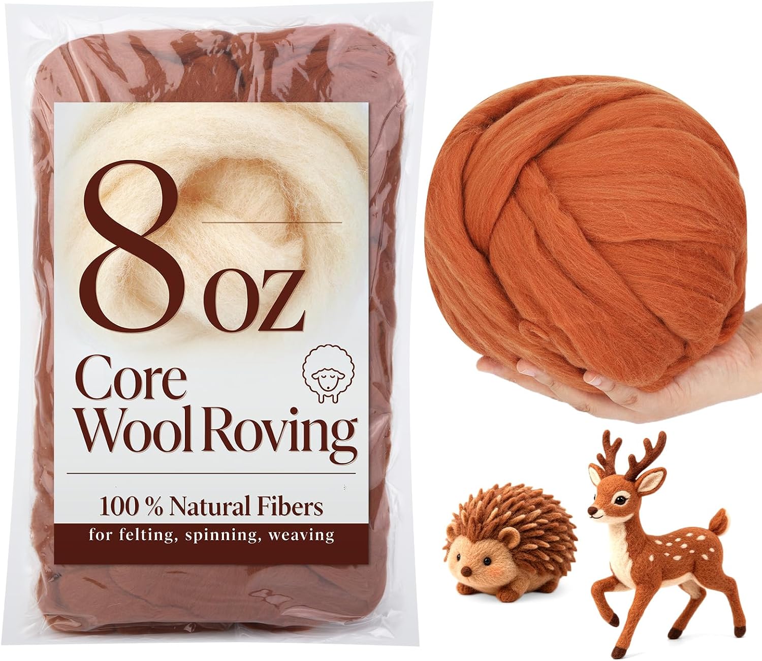 Wonvoc Core Wool for Needle Felting, 8 OZ White Merino Wool Roving, Soft Felting Wool for Wool Dryer Balls, Needle Felting Supplies, Chunky Yarn, and Wet Felting, White