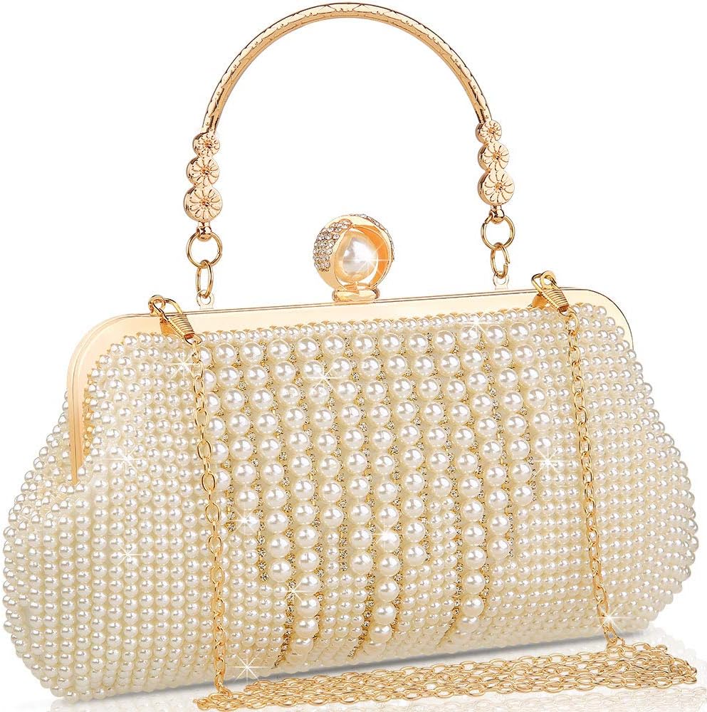Women's Pearl Clutch Purse Handbag - Full Hand Made Beaded Rhinestone Ivory Bag with Chain for Wedding Evening Party Formal Bridal Cocktail,Beautiful Vintage Gift for Lady
