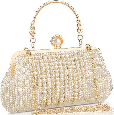 Womens Pearl Clutch Purse Handbag - Full Hand Made Beaded Rhinestone Ivory Bag with Chain for Wedding Evening Party Formal Bridal Cocktail,Beautiful Vintage Gift for Lady