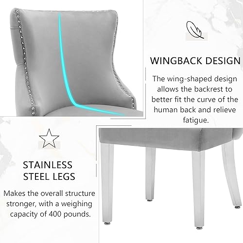 Miniatura 4 de Juego de 2 sillas de comedor de terciopelo, sillas de comedor tapizadas con respaldo copetudo, lujosas sillas de comedor con patas de acero