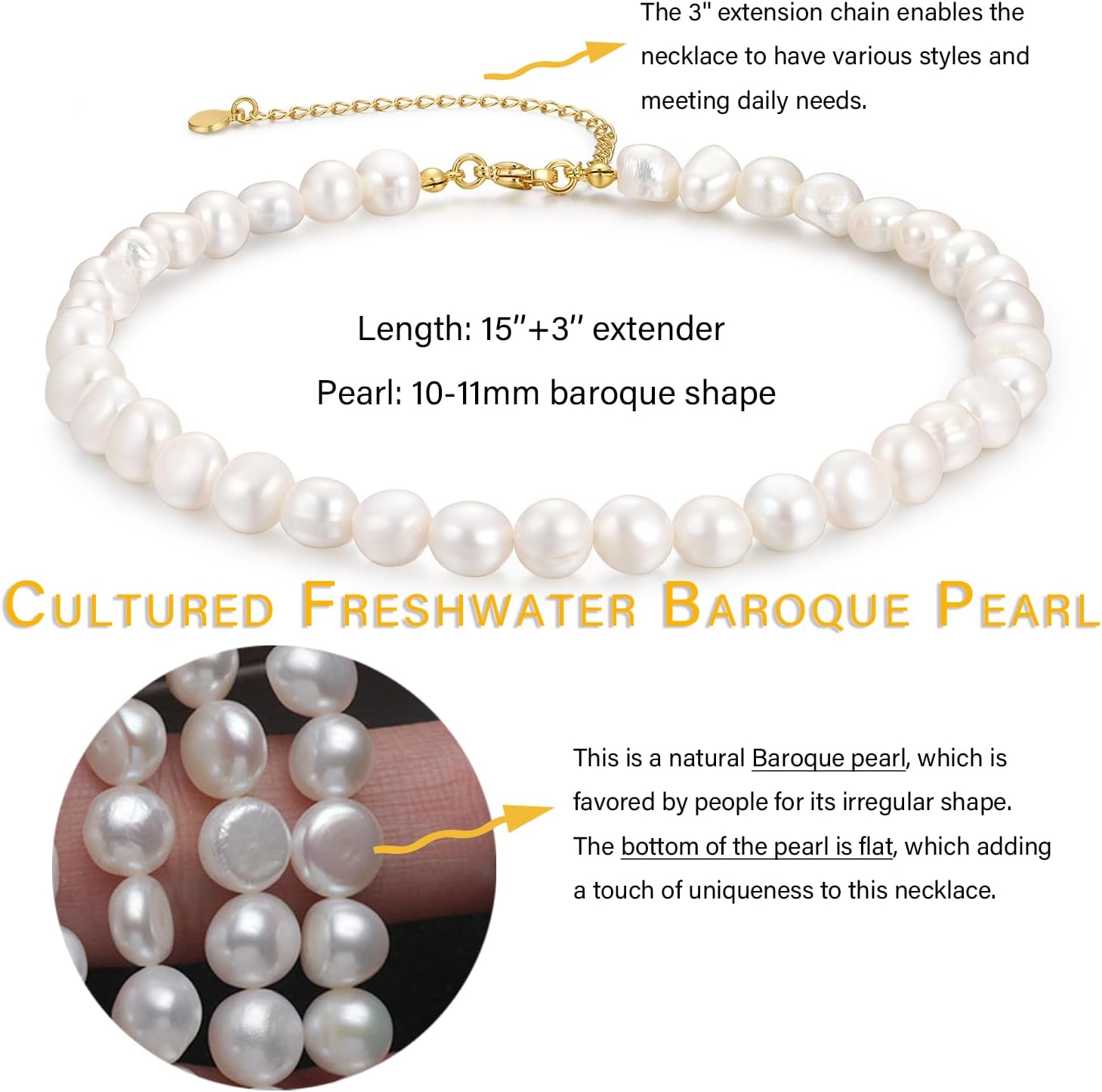 Natural Freshwater Baroque Pearl Necklace 14K Gold Plated Dainty Choker Necklace for Women Girls Snake Chain/Cuban Link/Paperclip/Ball Beaded Chain/Tennis Chain Fashion Jewelry for Gift - Image 4