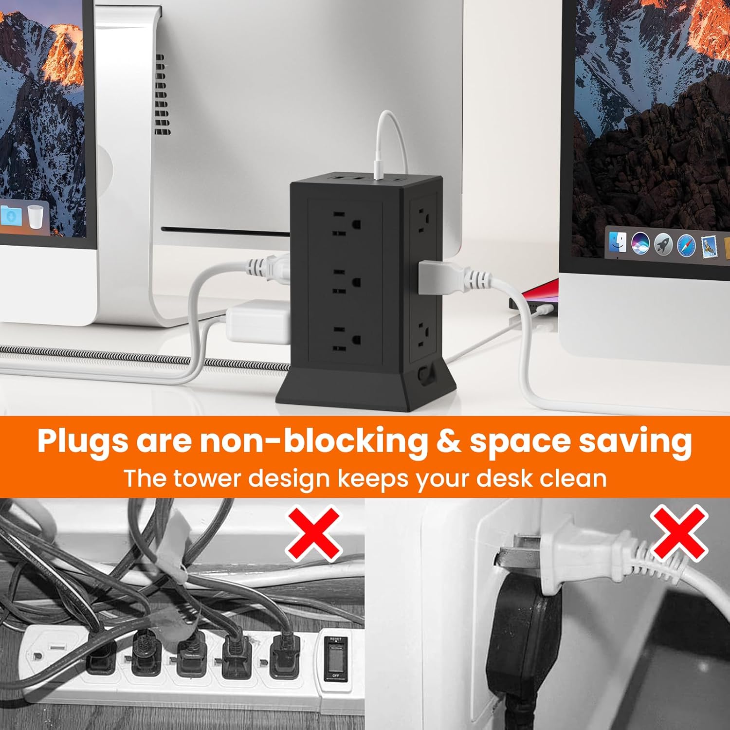 King-Link Surge Protector Power Strip Tower Flat Plug, 6.5 ft Extension Cord with Multiple Outlets, 12 AC Outlets 4 USB Ports (2 USB C) for Home Office Dorm, Black