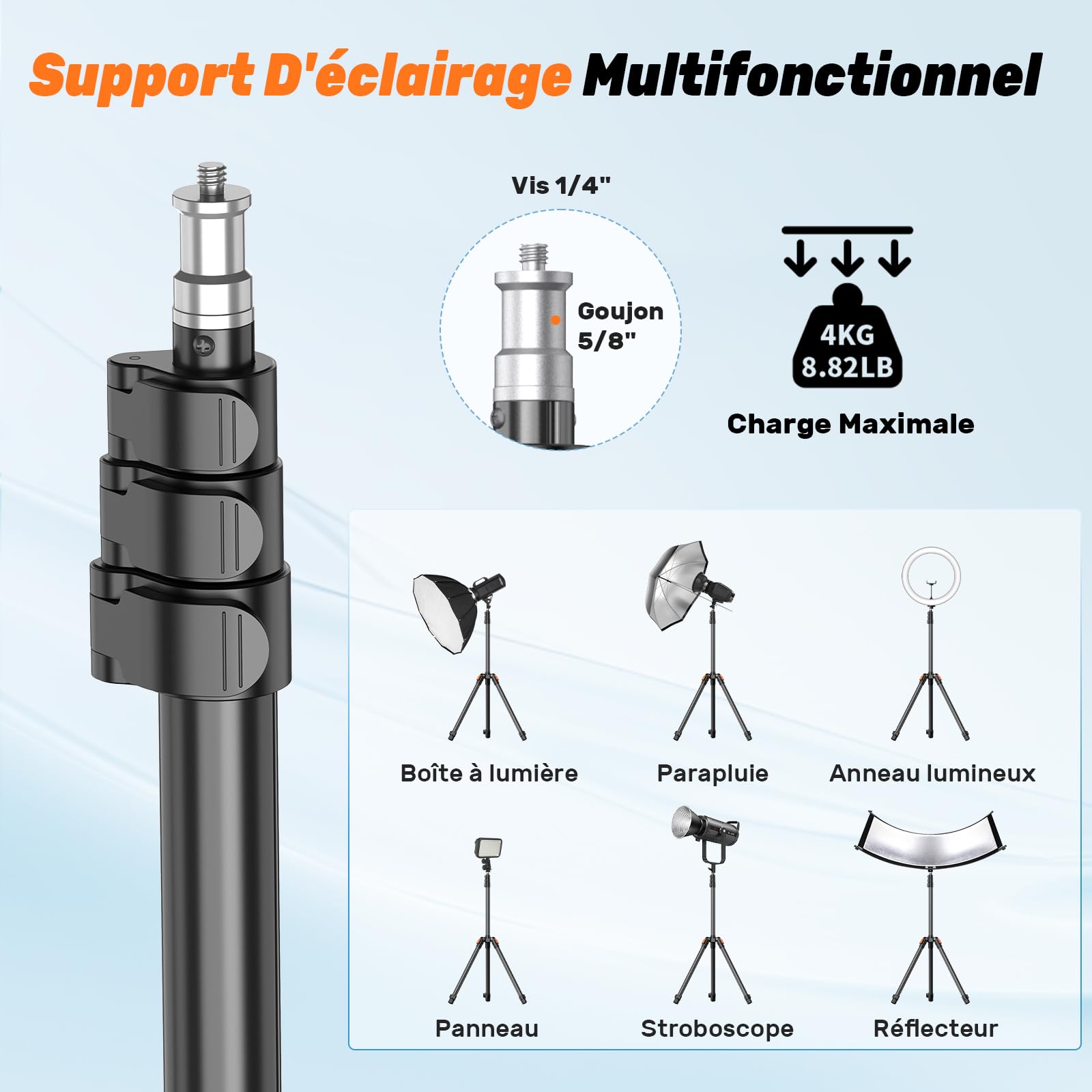 XXZU 210cm Trépied de Lampe avec Rotule, Support d'éclairage Trépied Pliant Réversible pour Studio Photographie Charge 4kg pour Softbox/Réflecteur/Lumière/Flash/Appareil Photo/Téléphone