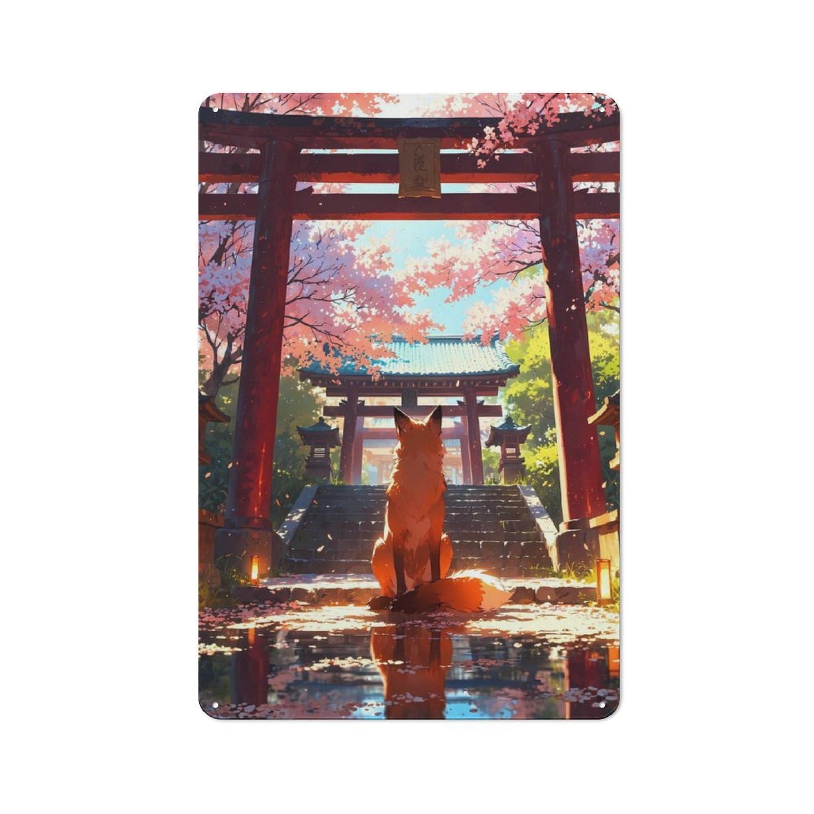 Junmoney Mystic Kitsune Gateway Rustic Tin Sign 30X20cm For Living Room Or Hallway, A Metal Wall Feature For Living Rooms And Hallways