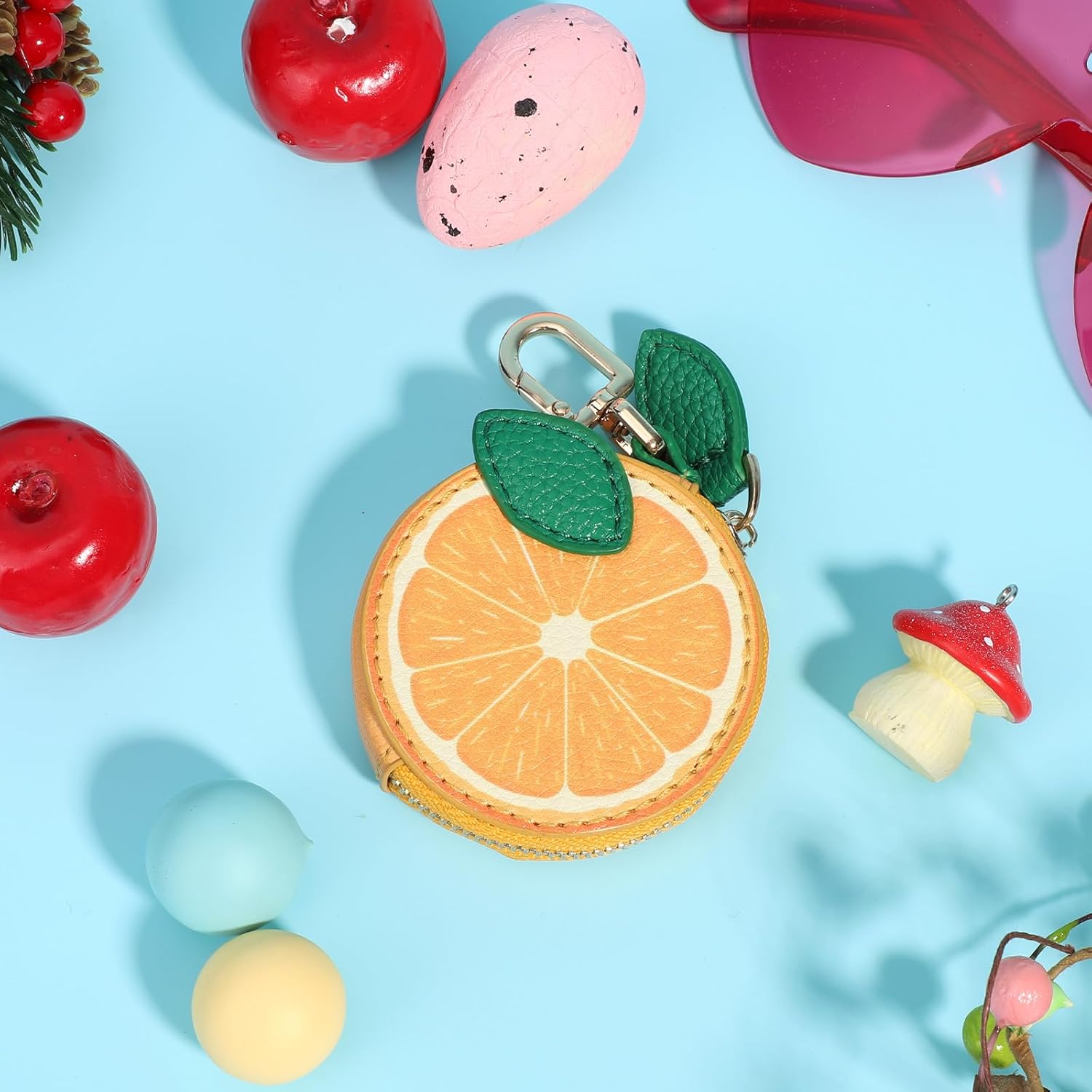 Cute Orange Bag Charm, Y2K Orange Leather Purse Charm Coin Pouch with Zipper Mini Fruit Leather Coin Purse Keychain for Women - Image 4