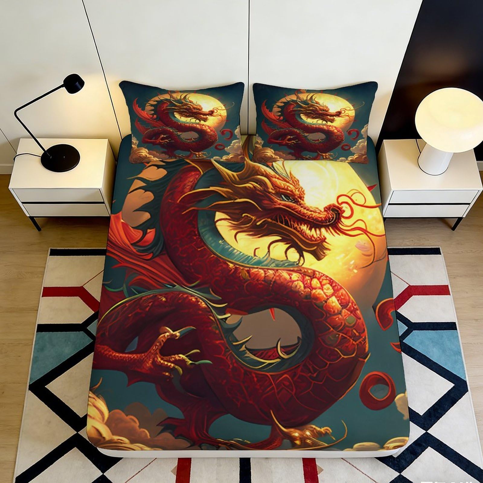 Pnayamiorkfel Style-6 3D Printed Red Dragon Fitted Sheet Microfiber Soft Decorative Golden Sun Mattress Cover For Bedroom Guest Room Dorm 90X200x25cm