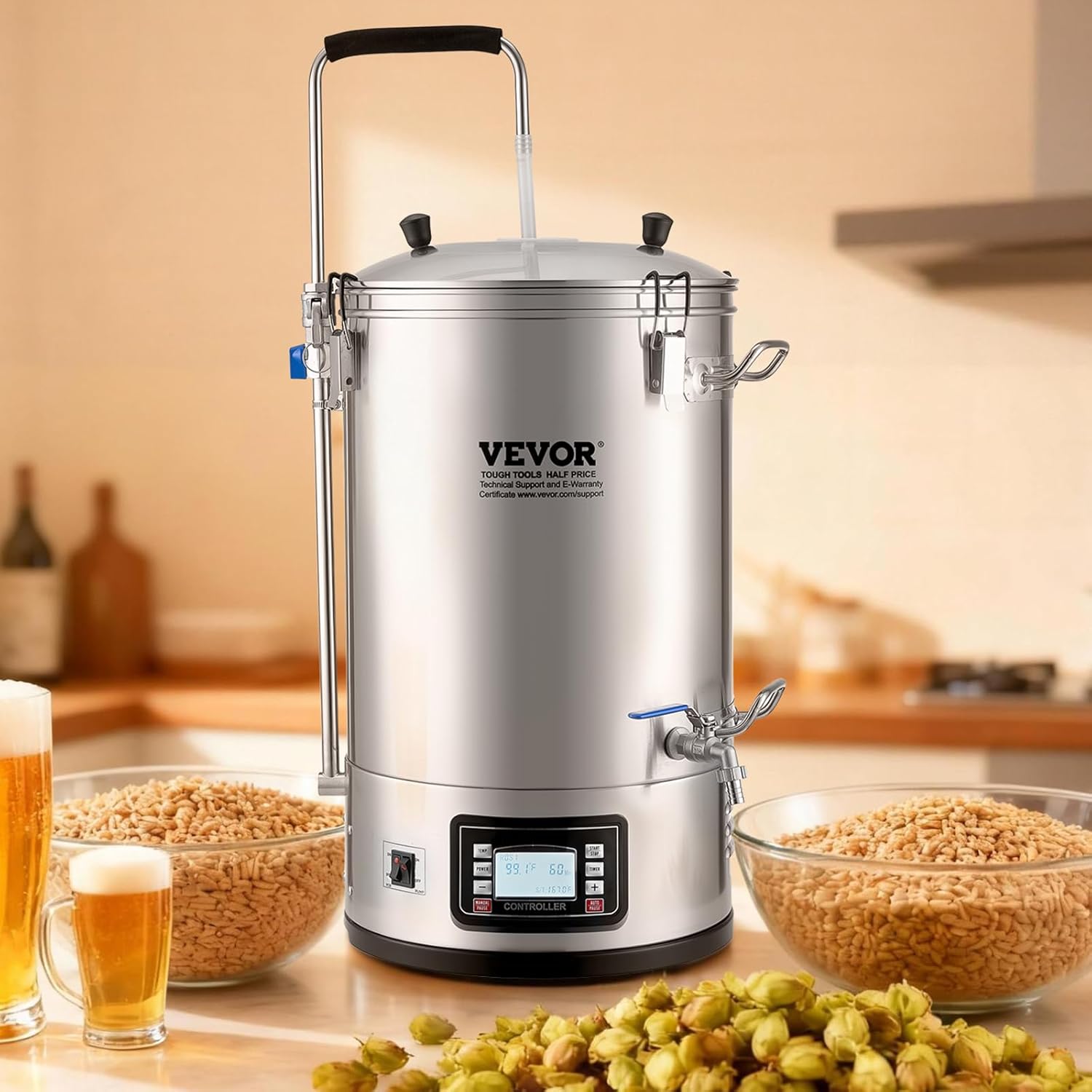 VEVOR Electric Brewing System, 9.2 Gal/35 L Brewing Pot, All-in-One Home Beer Brewer w/Pump, Mash Boil Device w/Panel, Auto/Manual Mode 100-1800W Power 25-100℃ Temp 1-180 min Timer Recipe Memory