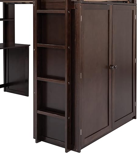 Miniatura 53 de Cama alta funcional tamaño individual con 2 cajones y 2 armarios, base de cama de madera maciza con barandilla de seguridad y escalera de