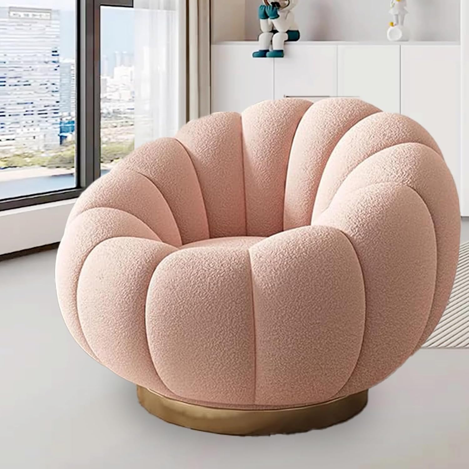 Cozy Pumpkin Recliner Chair - Soft Wool Plush Lazy Sofa, 360° Swivel Metal Base, Compact Single Seater for Small Spaces(K)