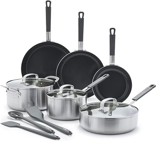 Miniatura 5 de GreenPan x Bobby Flay - Juego de 12 piezas de ollas y sartenes de acero inoxidable, grado profesional tricapa, Multiclad, antiadherente de cerámica