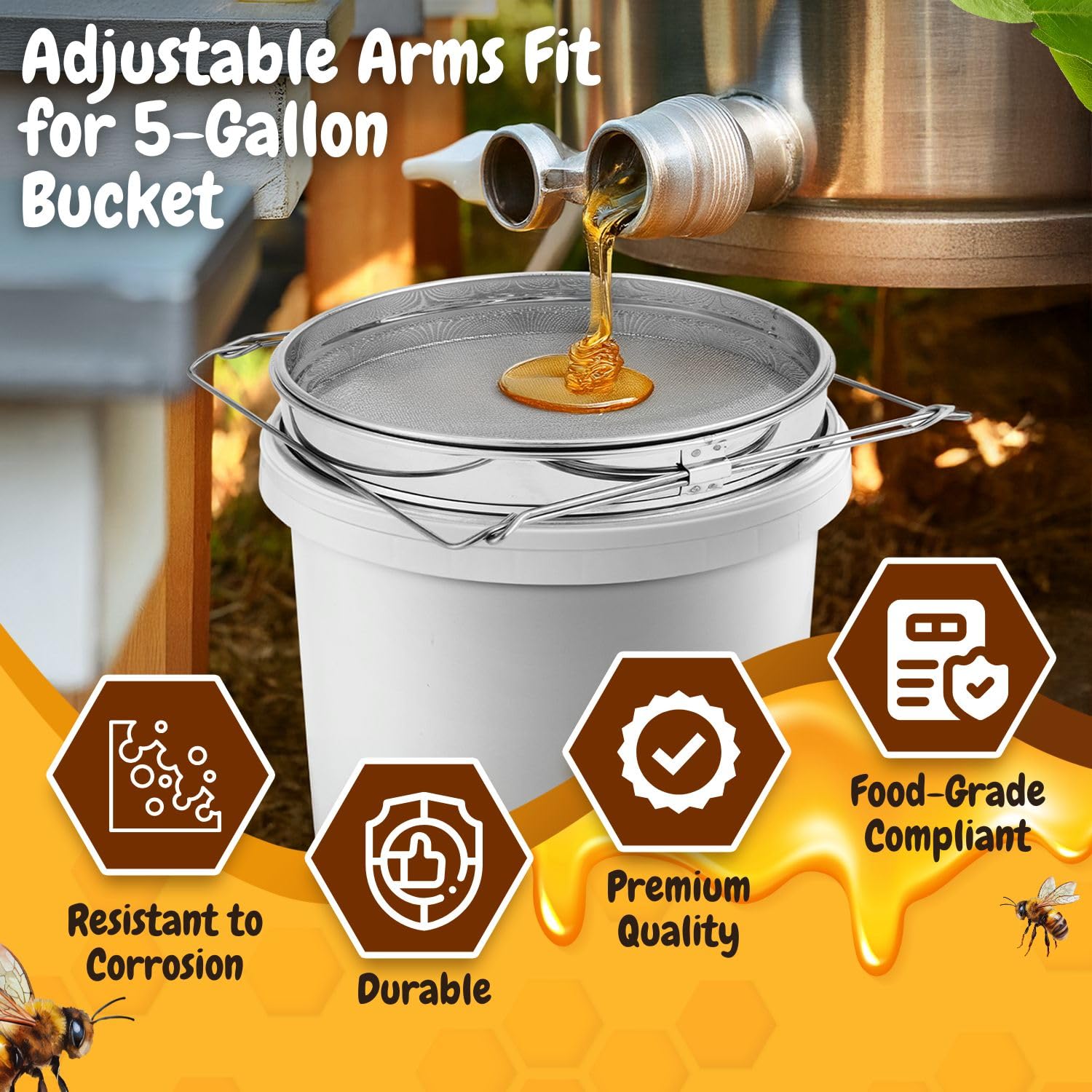 Flexzion Colador de Miel de Acero Inoxidable, Filtro de Doble Capa con Brazos Extensibles, Mallas Finas/Gruesas Filtran el Polen de Abeja, Impurezas, Equipo Esencial de Apicultura