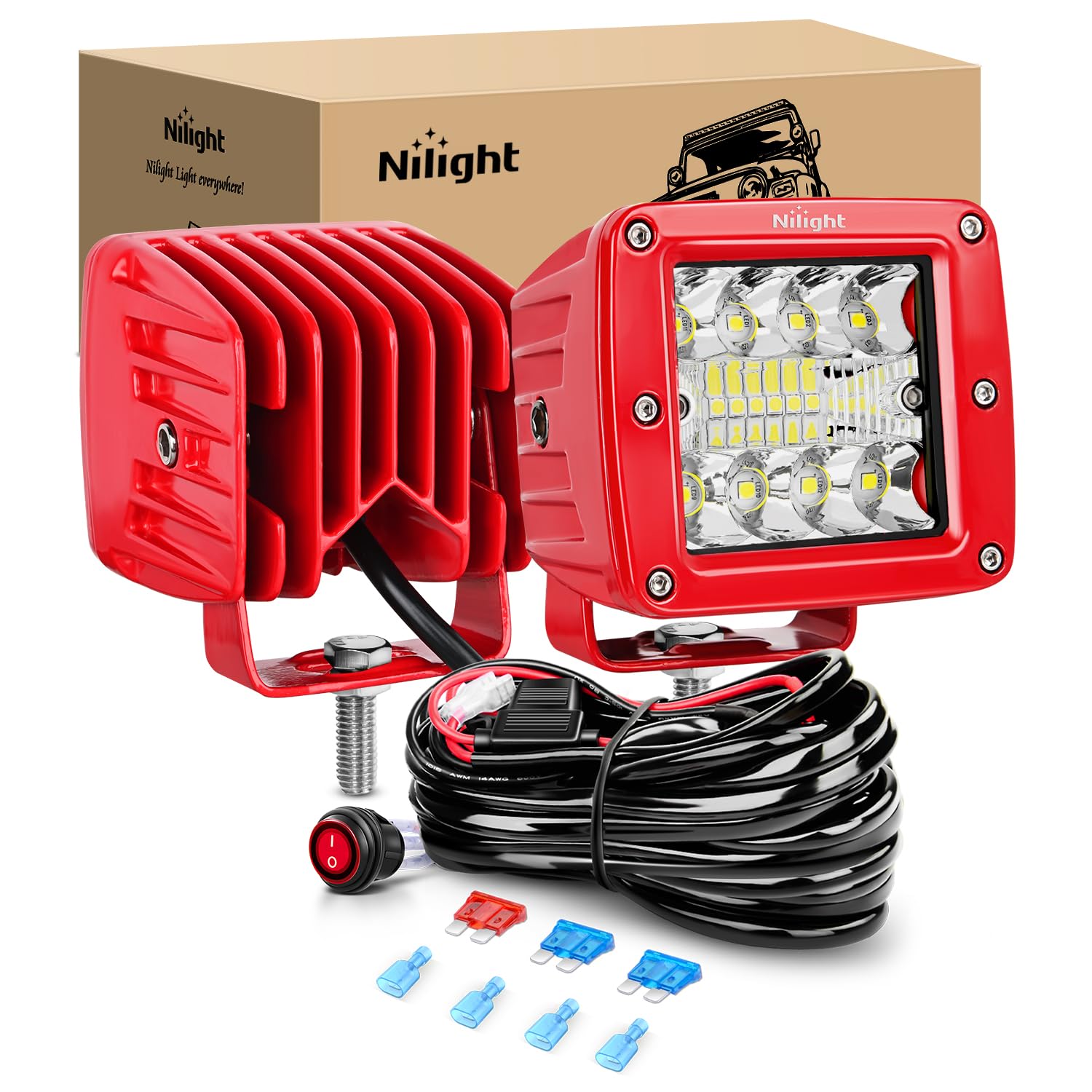 Nilight LED Light Pods 2PCS 42W 3 Inch Triple Row Spot Flood Combo Cubes with Wiring Harness Kit for Driving Backup Reverse Lighting on Off-Road Truck SUV ATV UTV