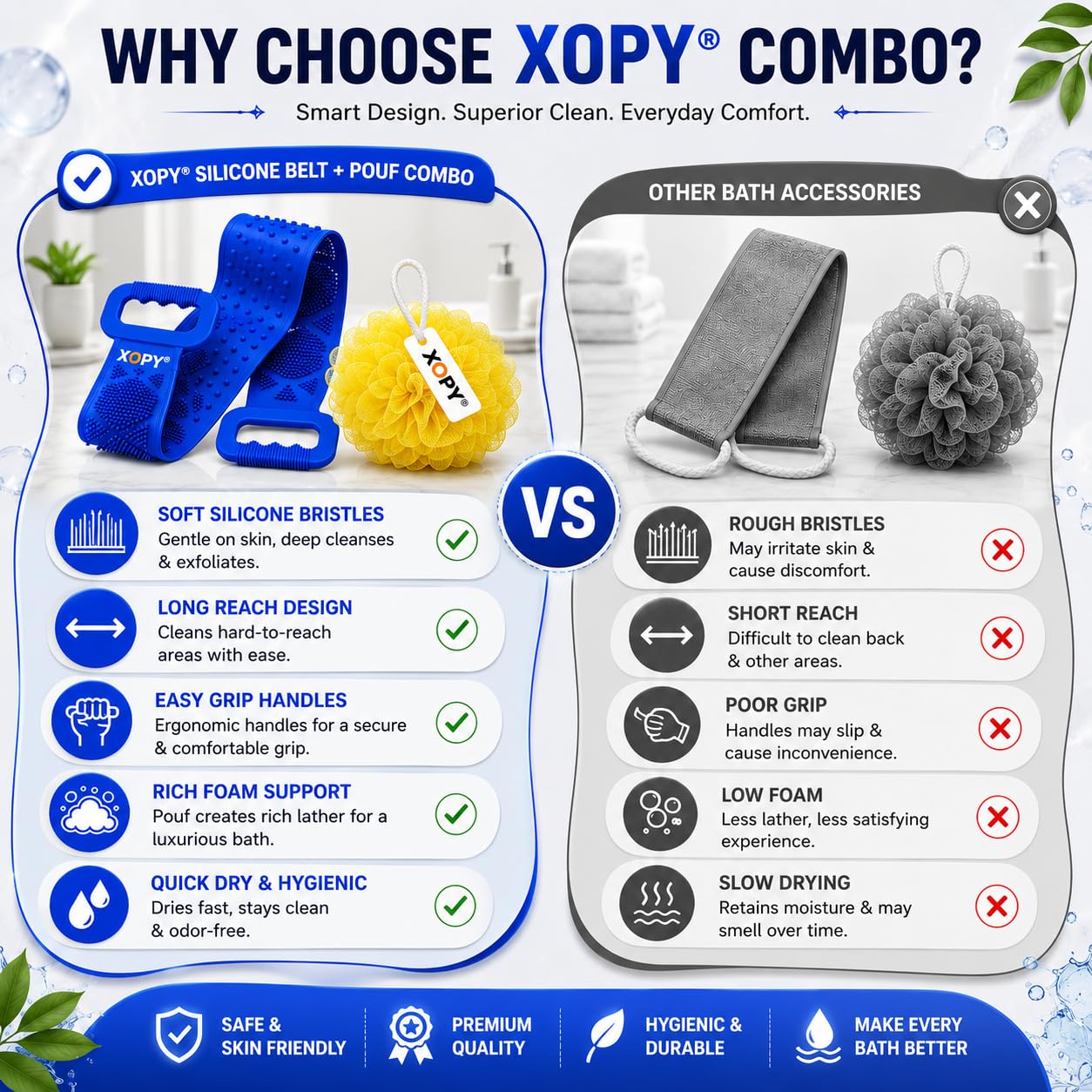XOPY 2 in 1 Combo of Silicone Back Scrubber Belt with Long Handle and Mesh Bath Loofah Pouf, for Men & Women 3