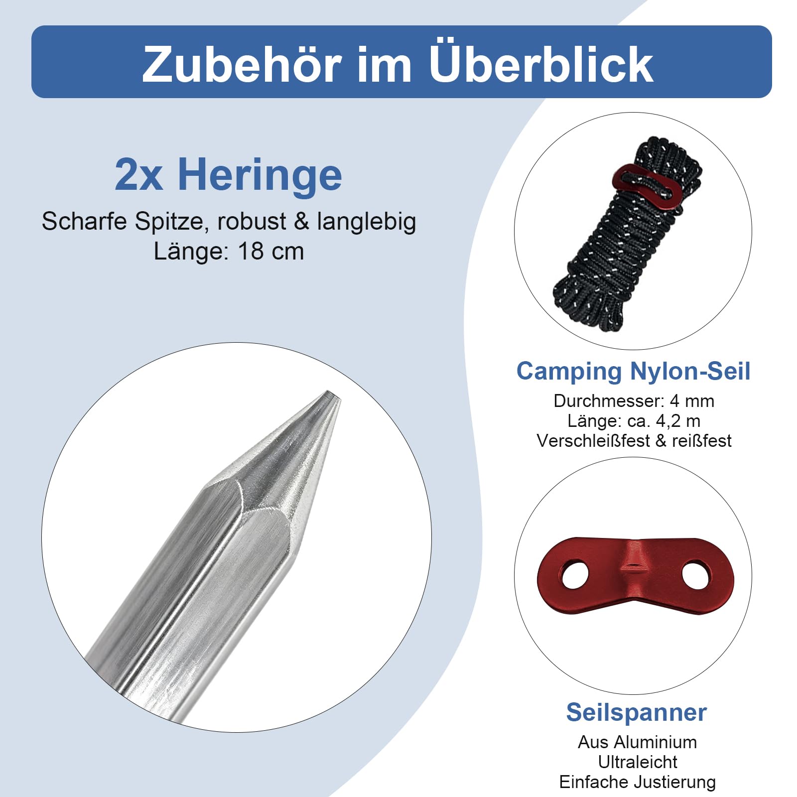 Zeltstange 2er Set, Teleskopstange mit Erdnägeln und Abspannseilen | Leichte Aufstellstangen für Zelte & Tarp, Verstellbar 80-190cm, Aluminium Sonnensegel Stange Camping Tarpstangen mit Tasche