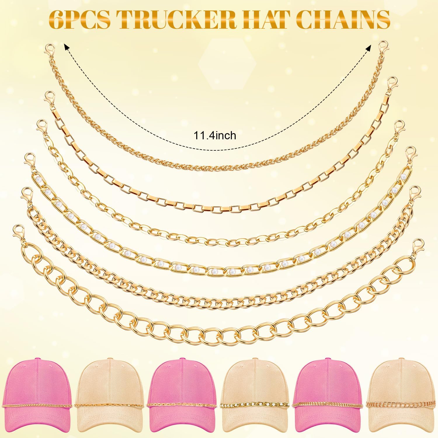6Pcs Trucker Hat Chains, Metal Detachable Chains, Hat Chains for Women Trucker Hat DIY Mesh Baseball Cap Truckers Accessories Assorted Styles