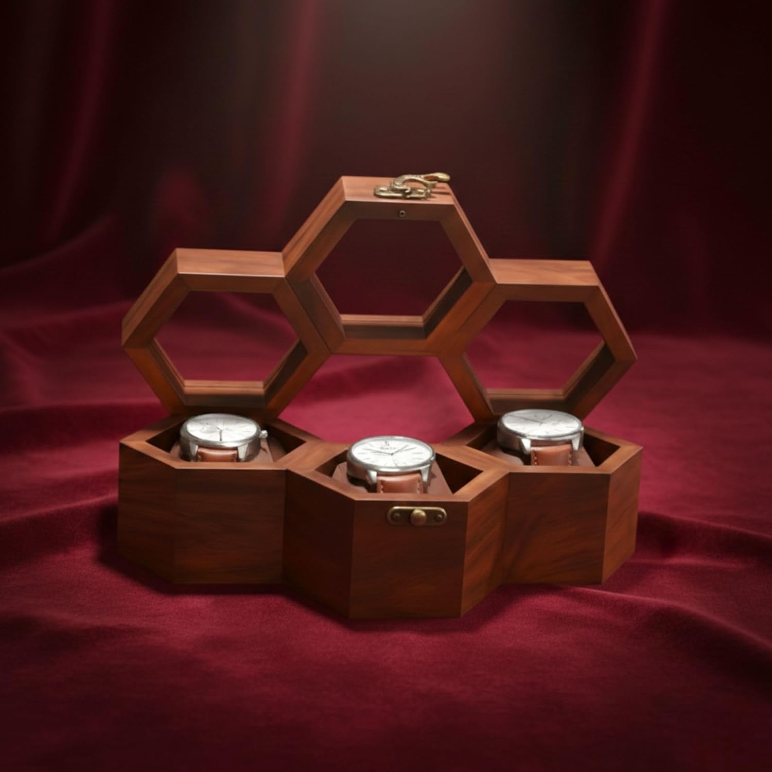 Rosewood Honeycomb Watch Box Display Case Holder Collector Organizer for Men, Men's Vintage Watch Storage Box to Store and Keep your Watches Safe (Slots:- 3)
