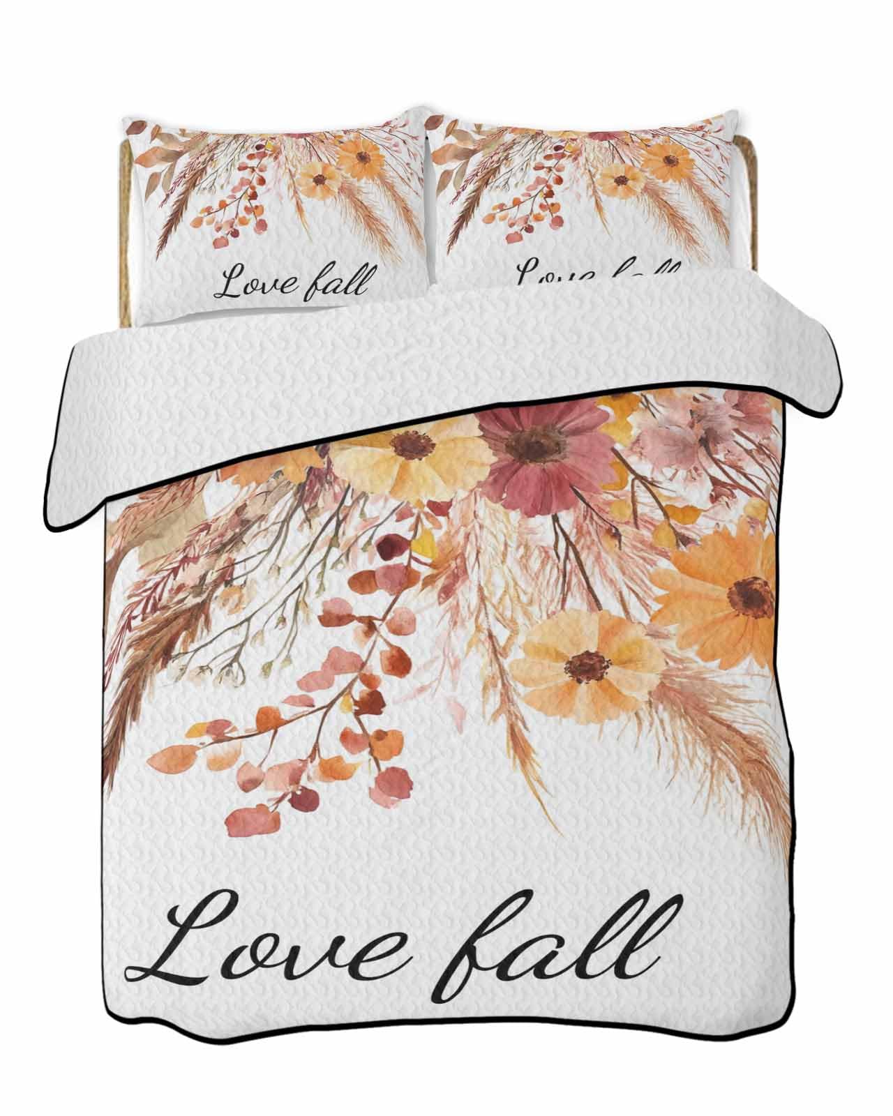 Reversible Down Alternative Comforter Quilted, Fall Watercolor Farm Flowers Reed Duvet Insert Lightweight Soft Bedspread Throw Blankets Leaves Pine Cones White for All Seasons Bed Sofa Decor