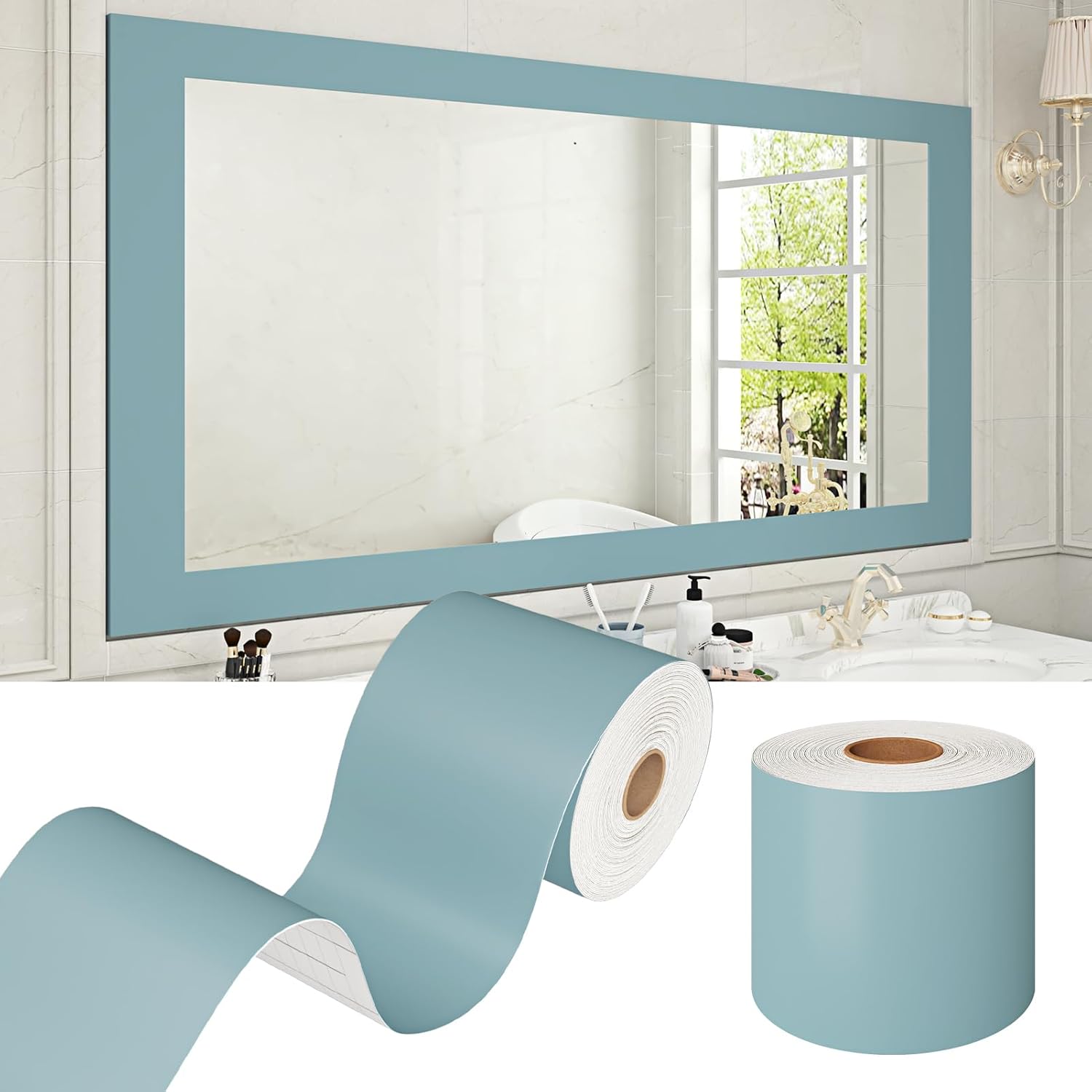 WESTICK Teal Mirror Frame Border Peel and Stick Thick Matte Teal Blue Wallpaper Border for Bulletin Boards Waterproof Bathroom Wallpaper Borders Removable Mirror Tape for Bedroom Classroom 3.9"x160"