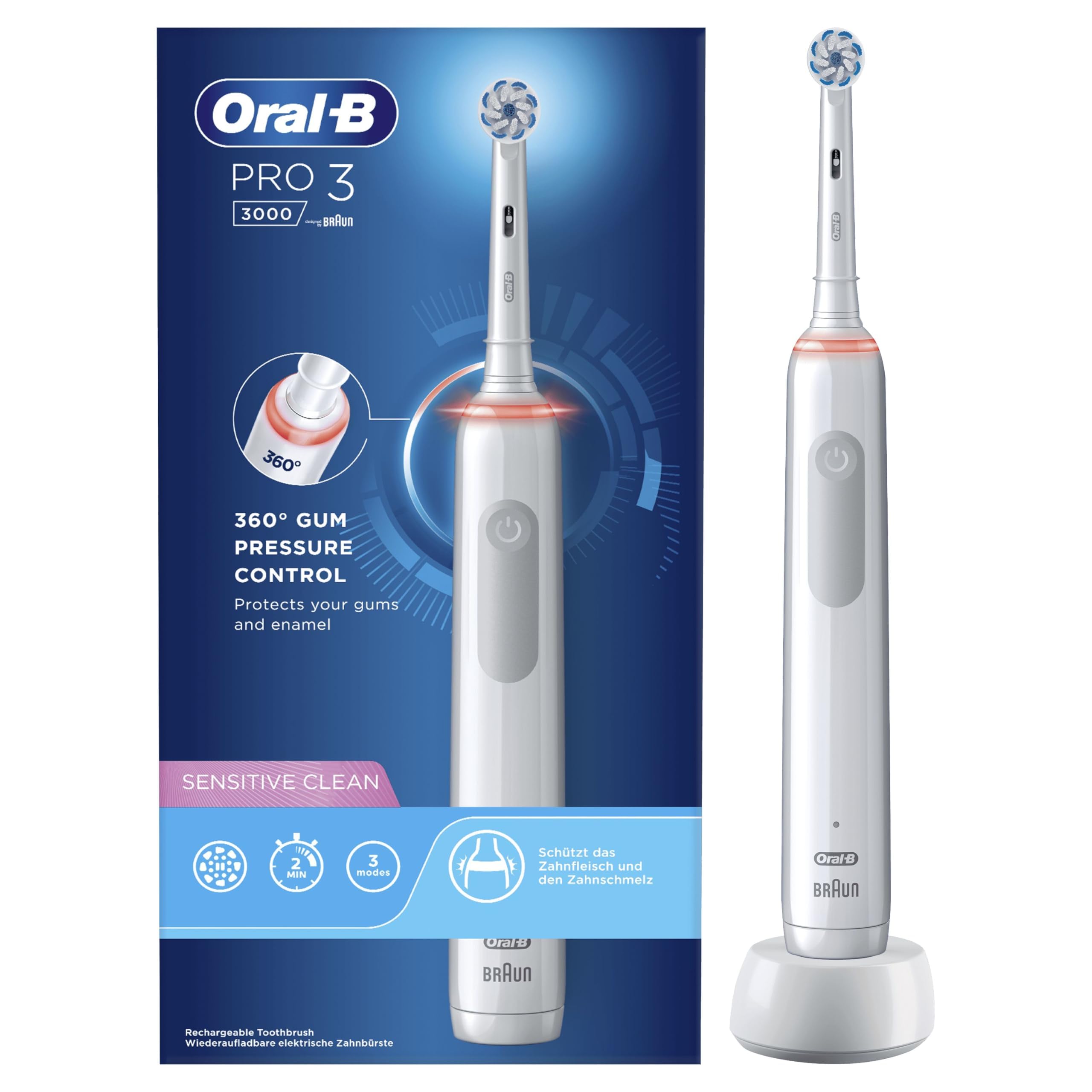 Oral-B Pro 3-3000 Spazzolino Elettrico 3 Modalità di spazzolamento, Sensore di Pressione, Azione Sbiancante, Ideale per Denti Sensibili 1 Testina, Batteria Litio, Bianco